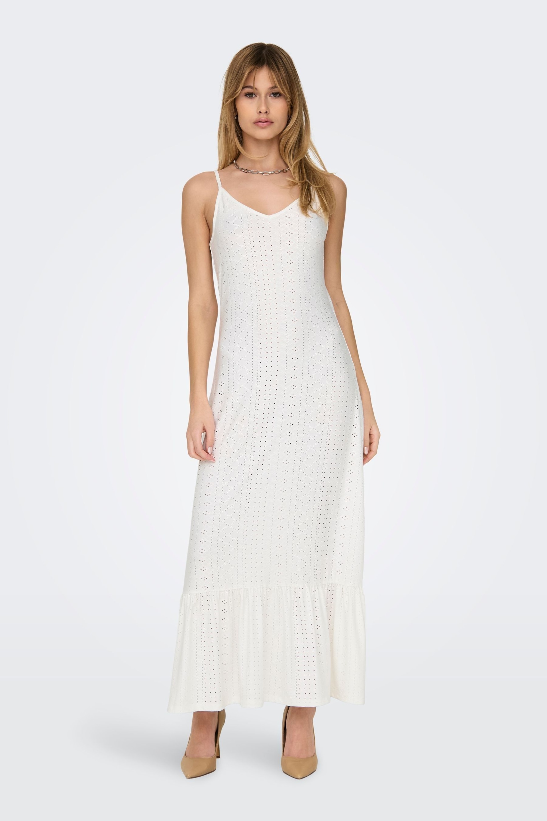 JDY White Jersey Broderie Tiered Hem Cami Maxi Dress - Image 1 of 6