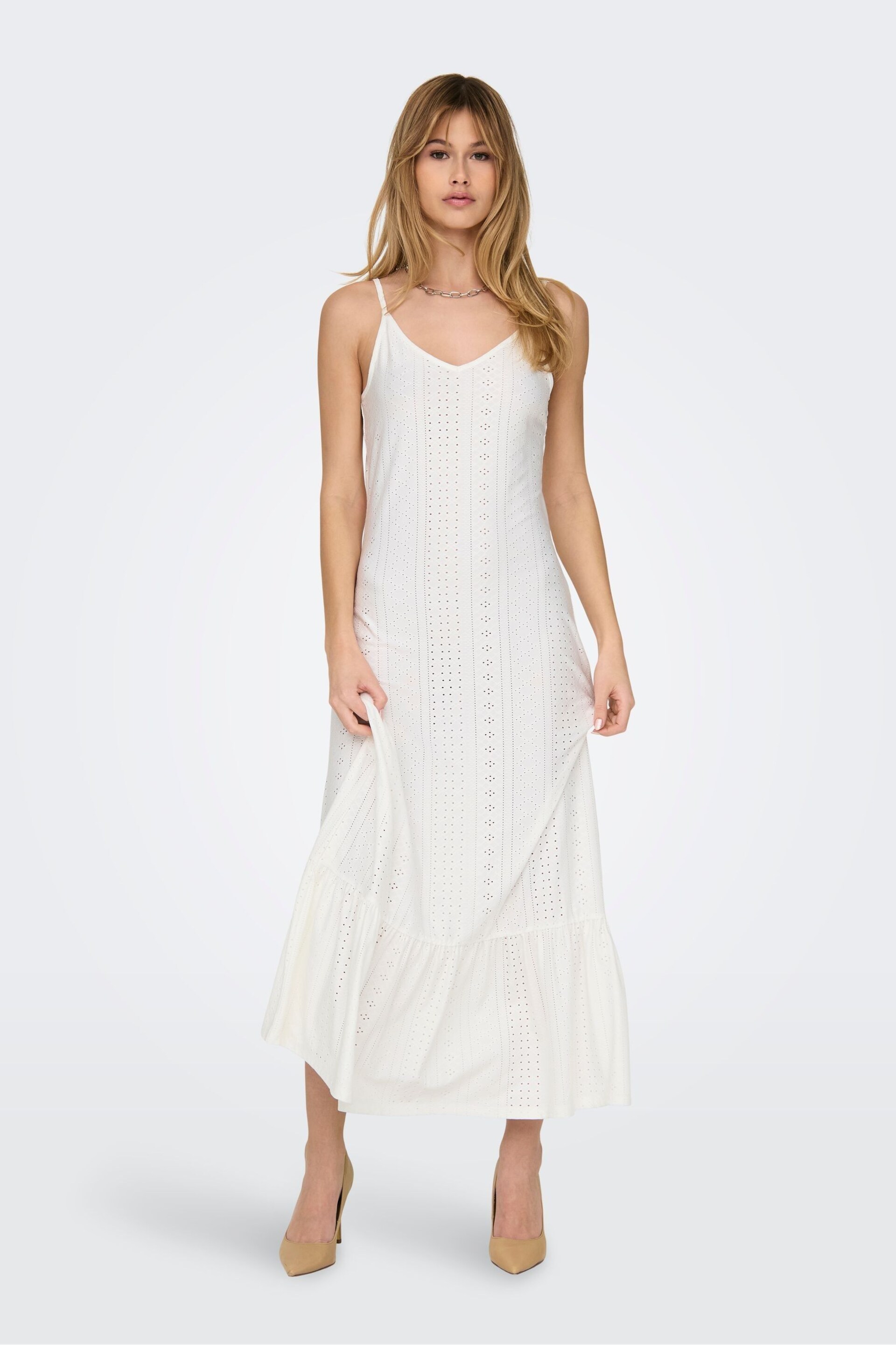 JDY White Jersey Broderie Tiered Hem Cami Maxi Dress - Image 3 of 6