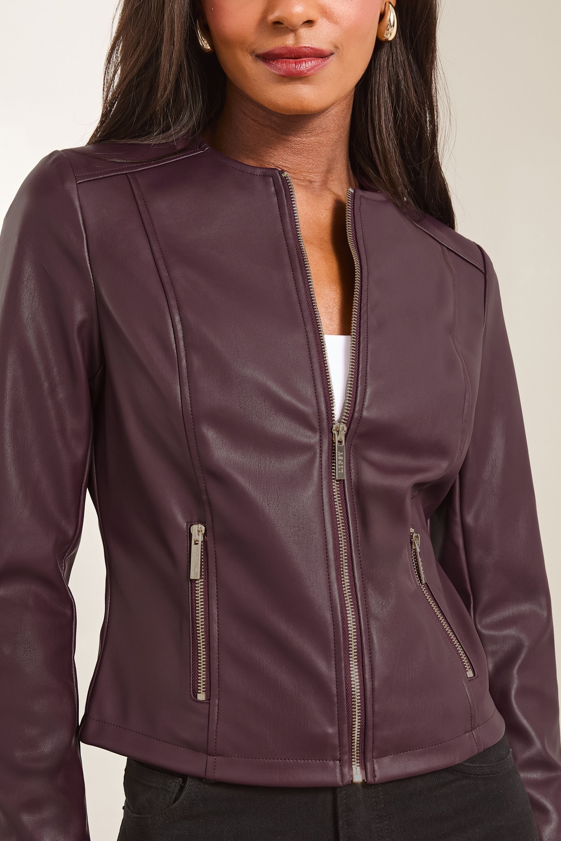 Lipsy Dark Cherry Red Faux Leather Collarless Jacket