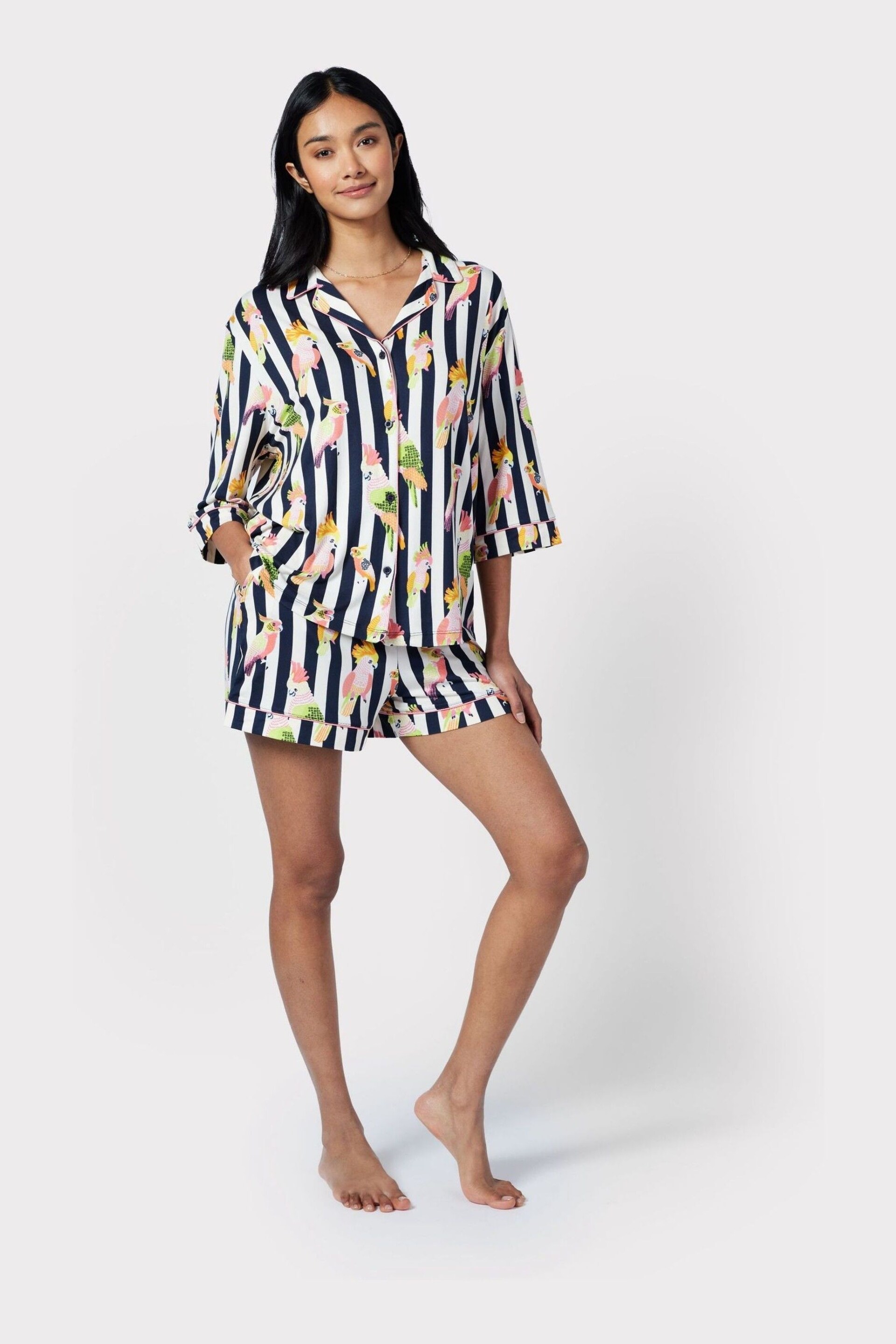 Chelsea Peers Blue Cockatiel Stripe Print Button Up Short Pyjama Set - Image 2 of 5