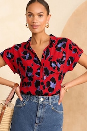 Love & Roses Red Animal Petite Roll Sleeve Utility Shirt - Image 1 of 4