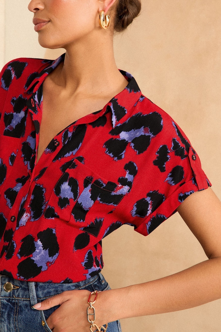 Love & Roses Red Animal Petite Roll Sleeve Utility Shirt - Image 2 of 4