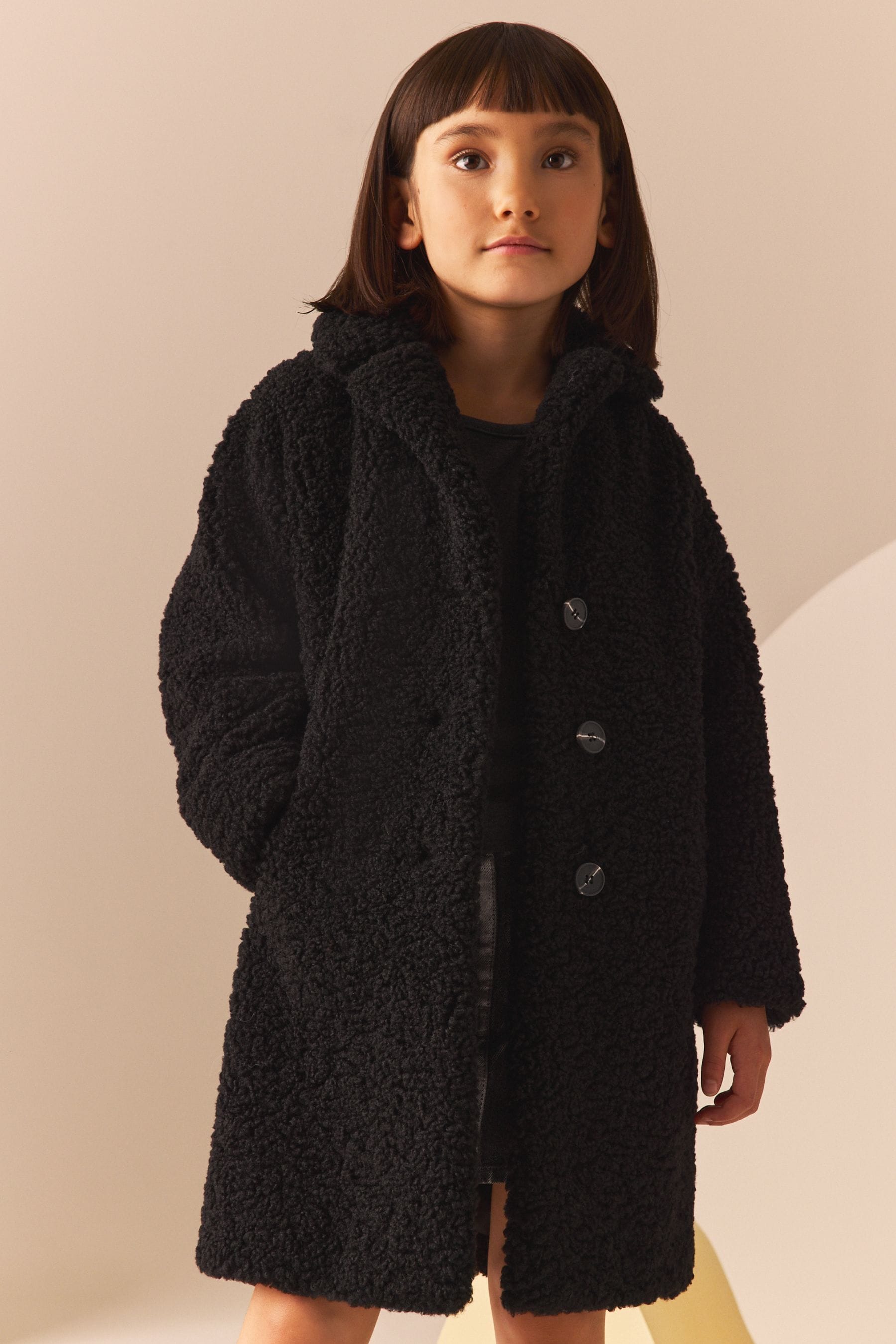 NEXT Black Longline Teddy Borg Fleece Coat 3 16yrs 1516years Girls