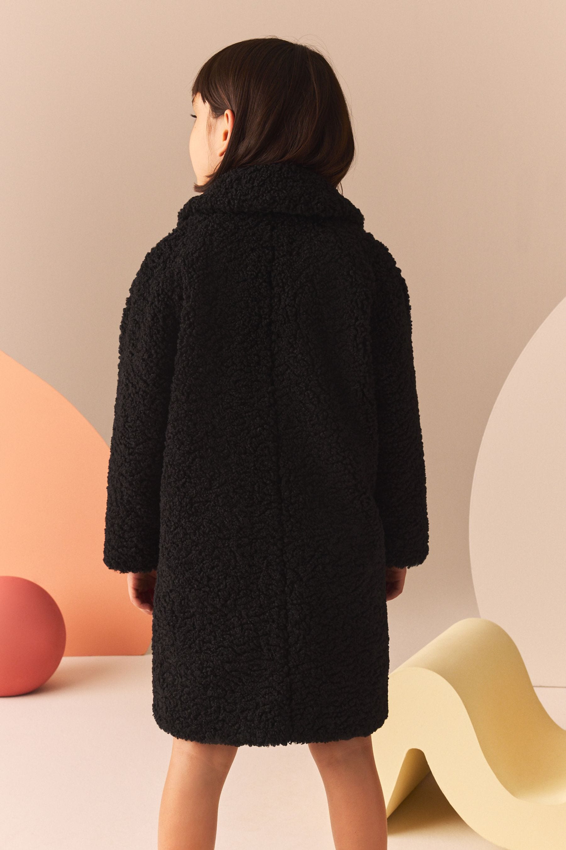 Black Longline Teddy Borg Fleece Coat 3 16yrs