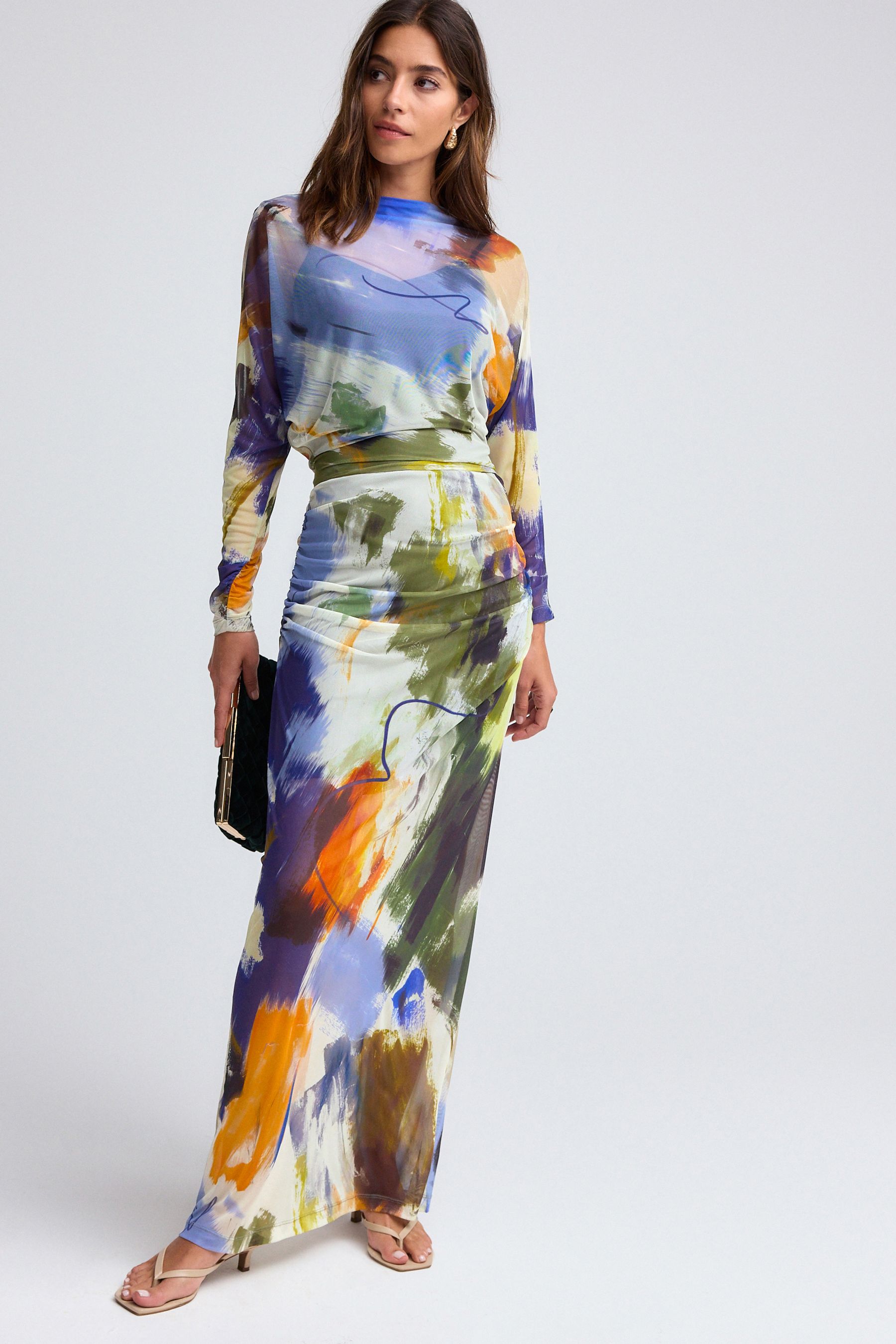 Buy Blue Multi Abstract Print Mesh Batwing Sleeve Maxi Dress from the Next UK online shop