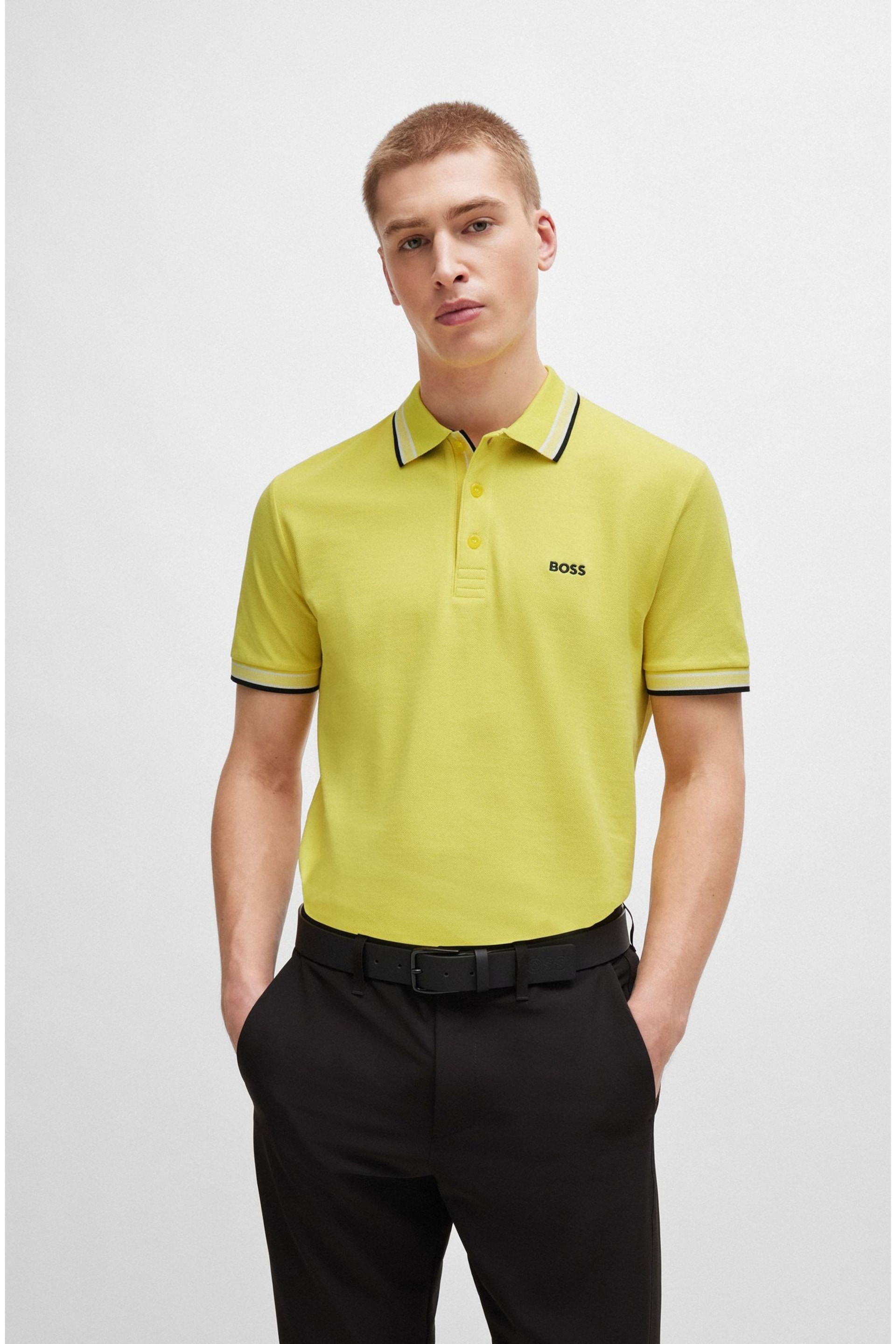 BOSS Yellow Cotton Polo Shirt With Contrast Logo Details - Image 2 of 5