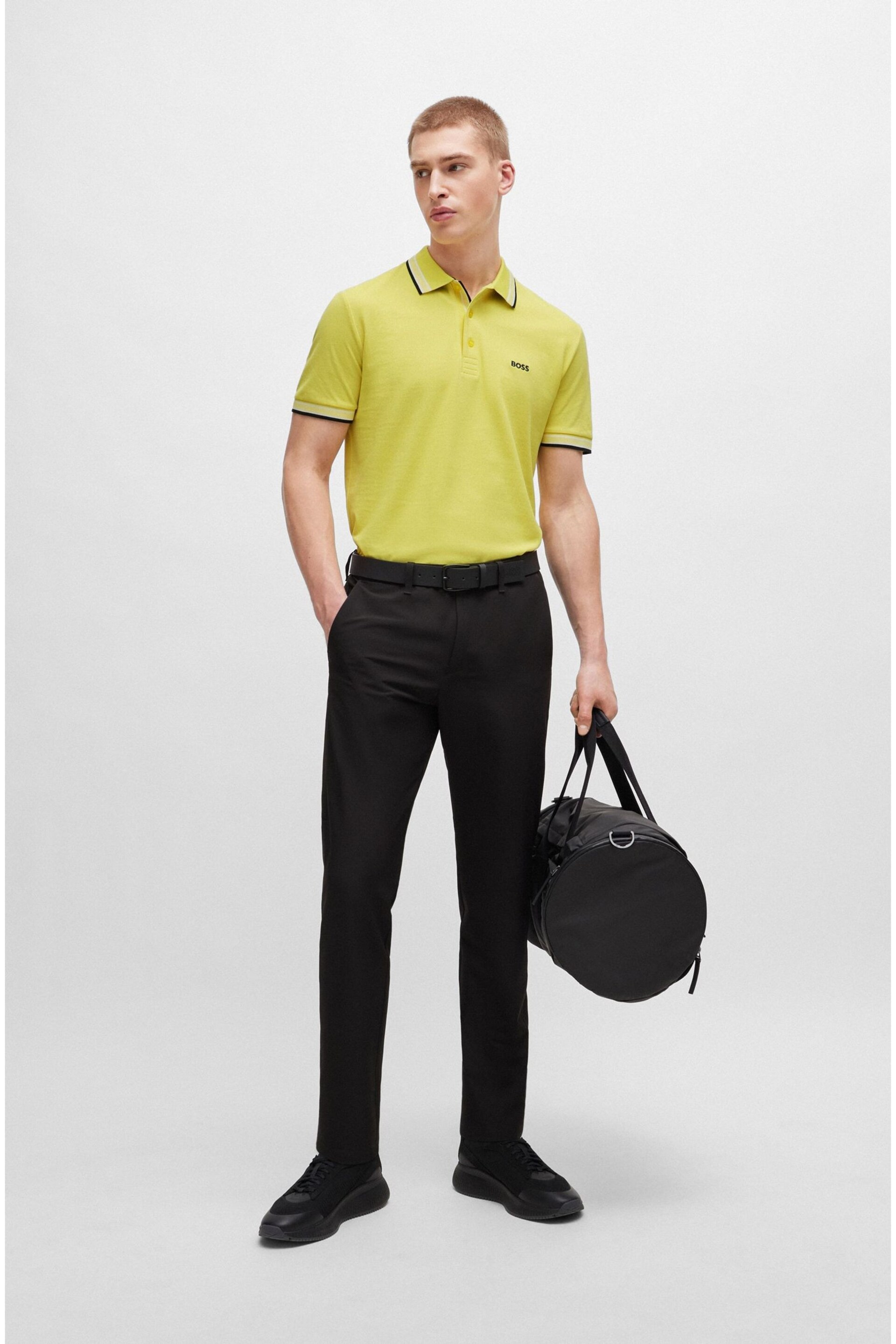 BOSS Yellow Cotton Polo Shirt With Contrast Logo Details - Image 4 of 5