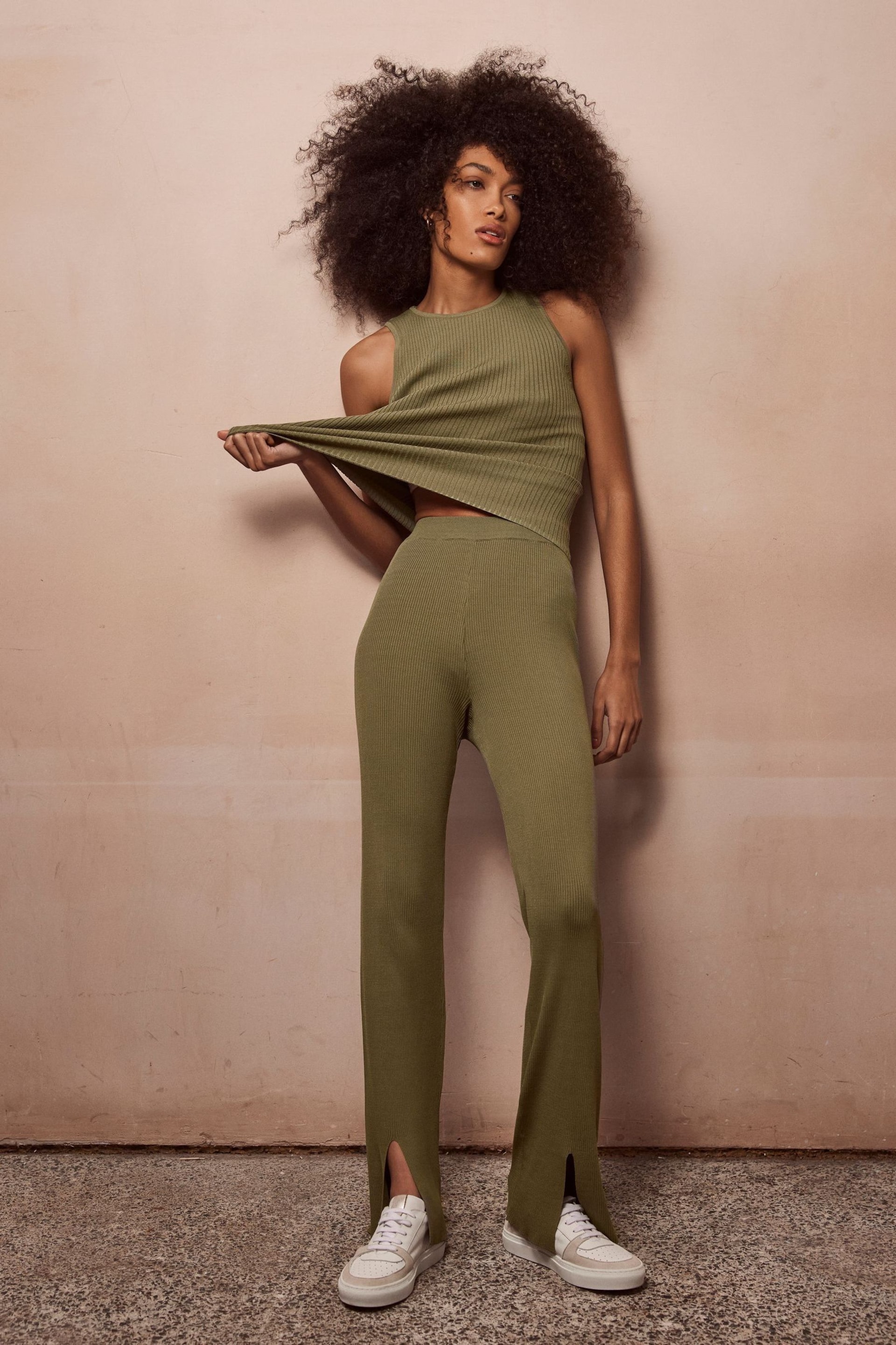 Mint Velvet Green Ribbed Knit Trousers - Image 1 of 4