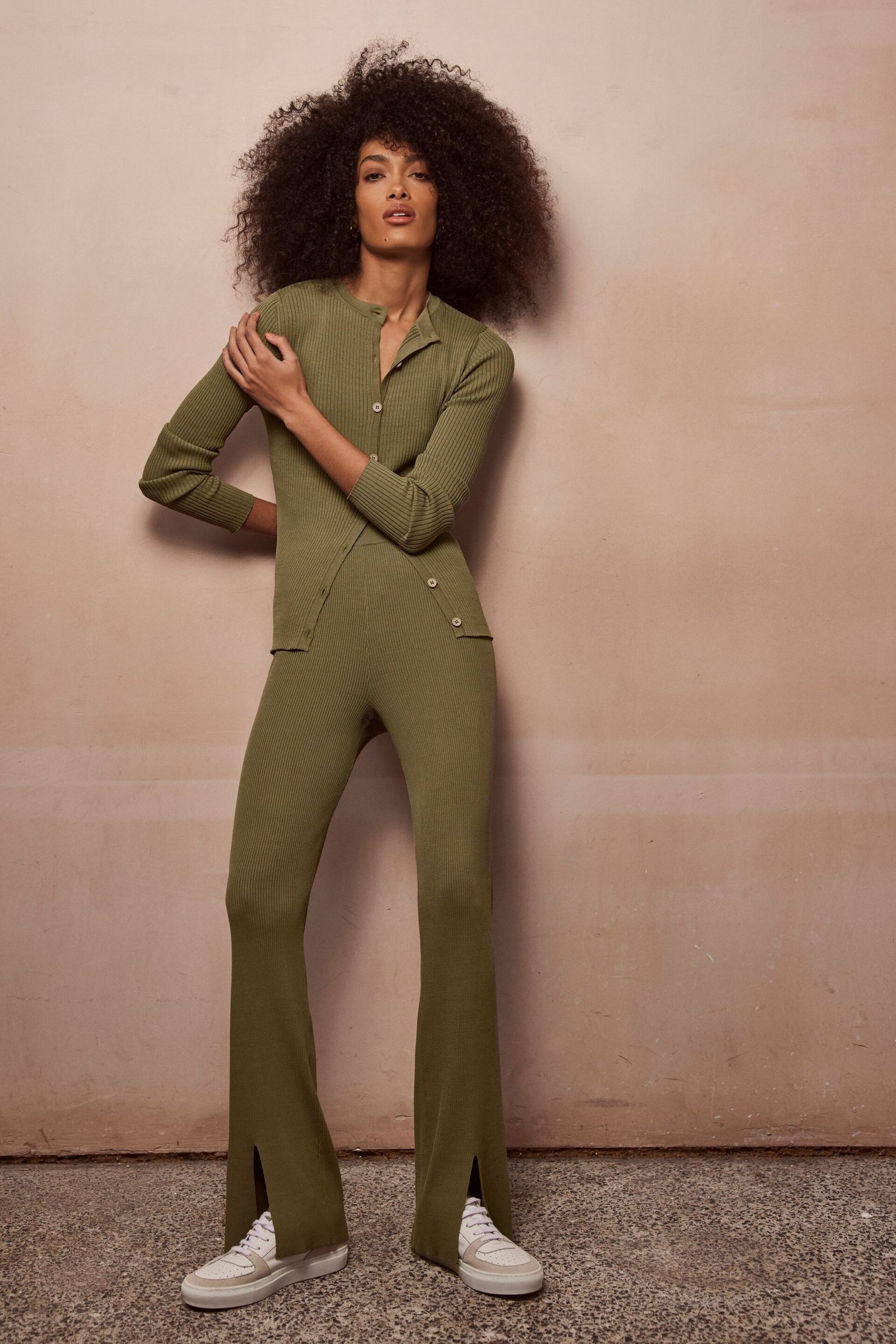 Mint Velvet Green Ribbed Knit Trousers - Image 2 of 4