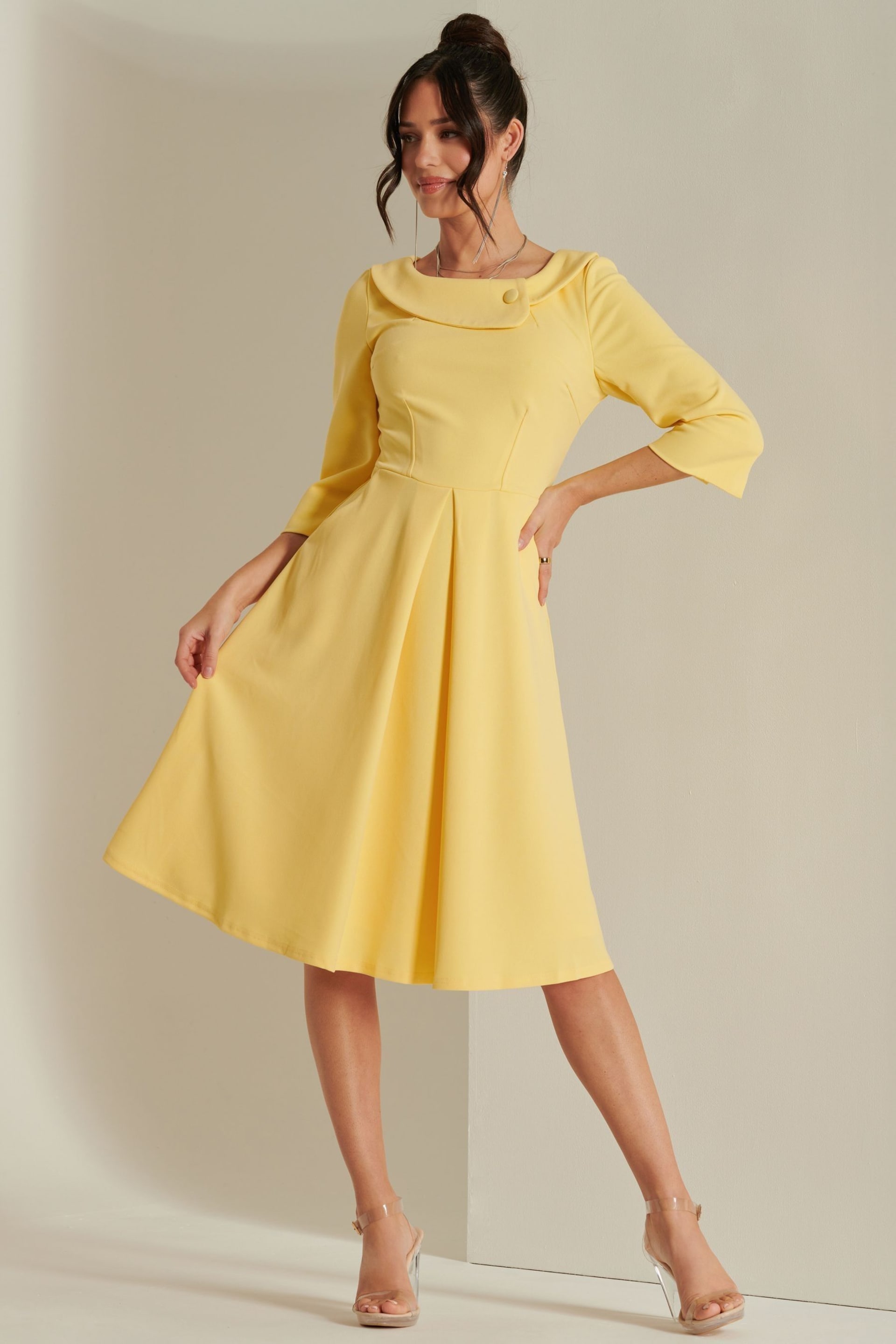 Jolie Moi Yellow 3/4 Sleeve Fold Neck Midi Dress - Image 3 of 6