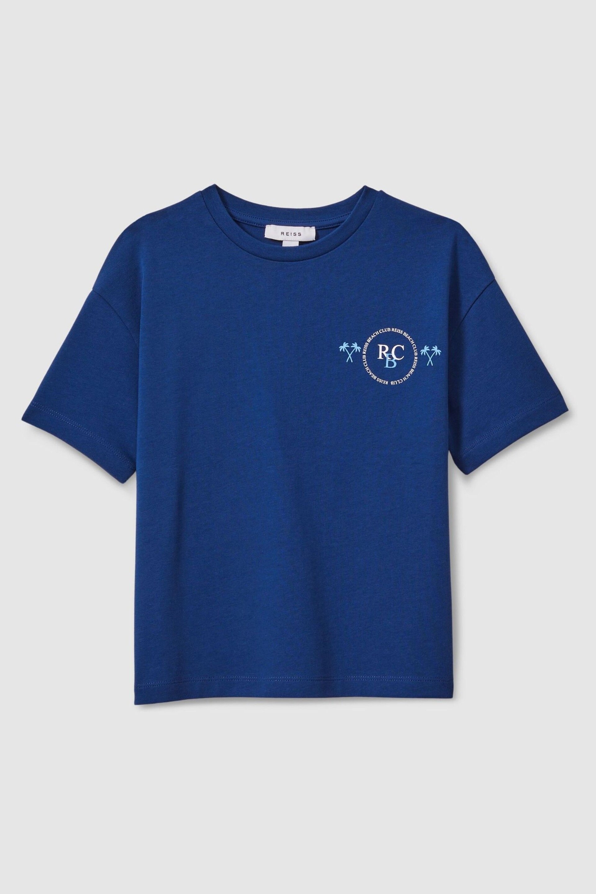 Reiss Lapis Blue Palm Cotton Crew Neck Motif T-Shirt - Image 1 of 3