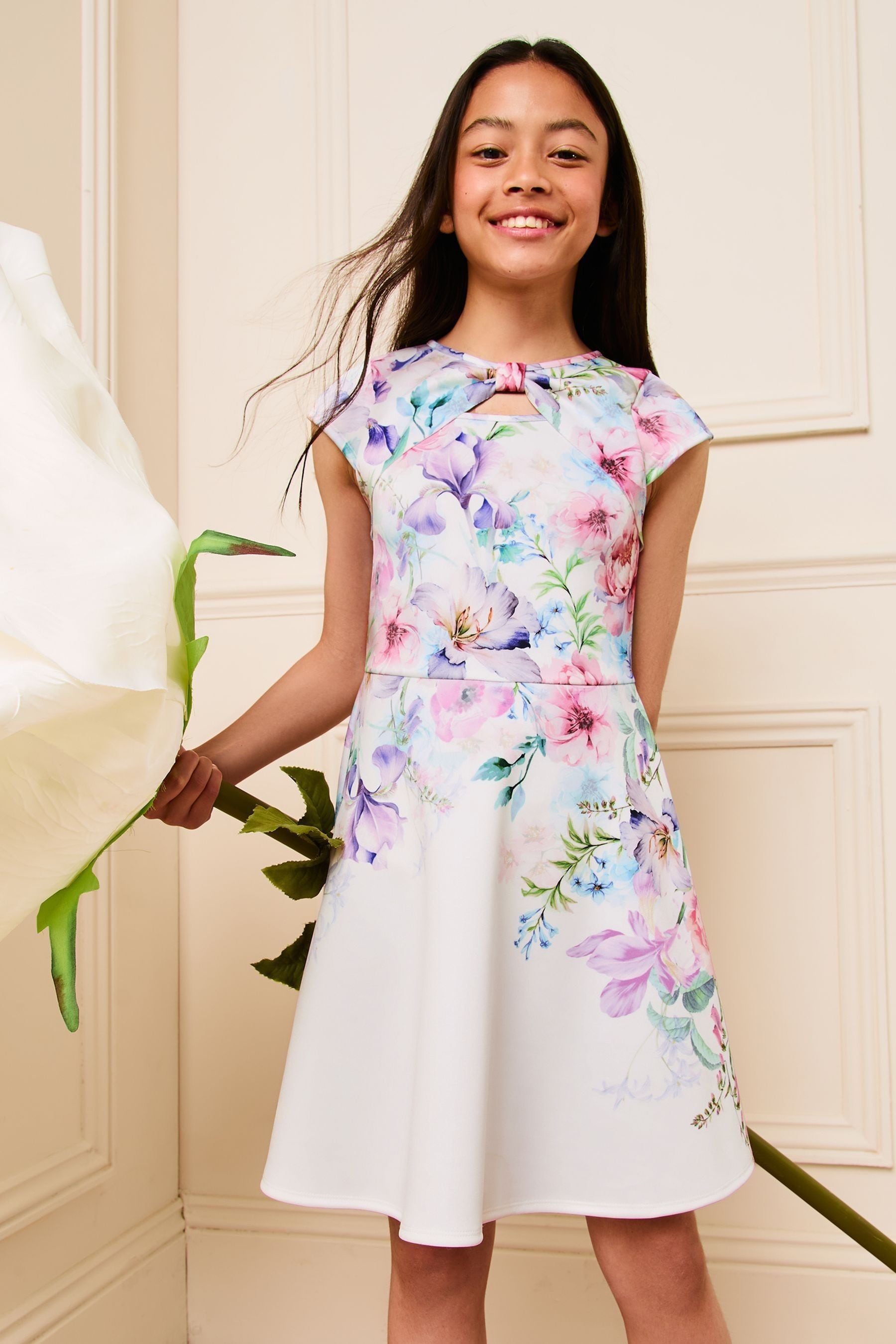 Lipsy White Floral Cut Out Scuba Dress 5 16yrs