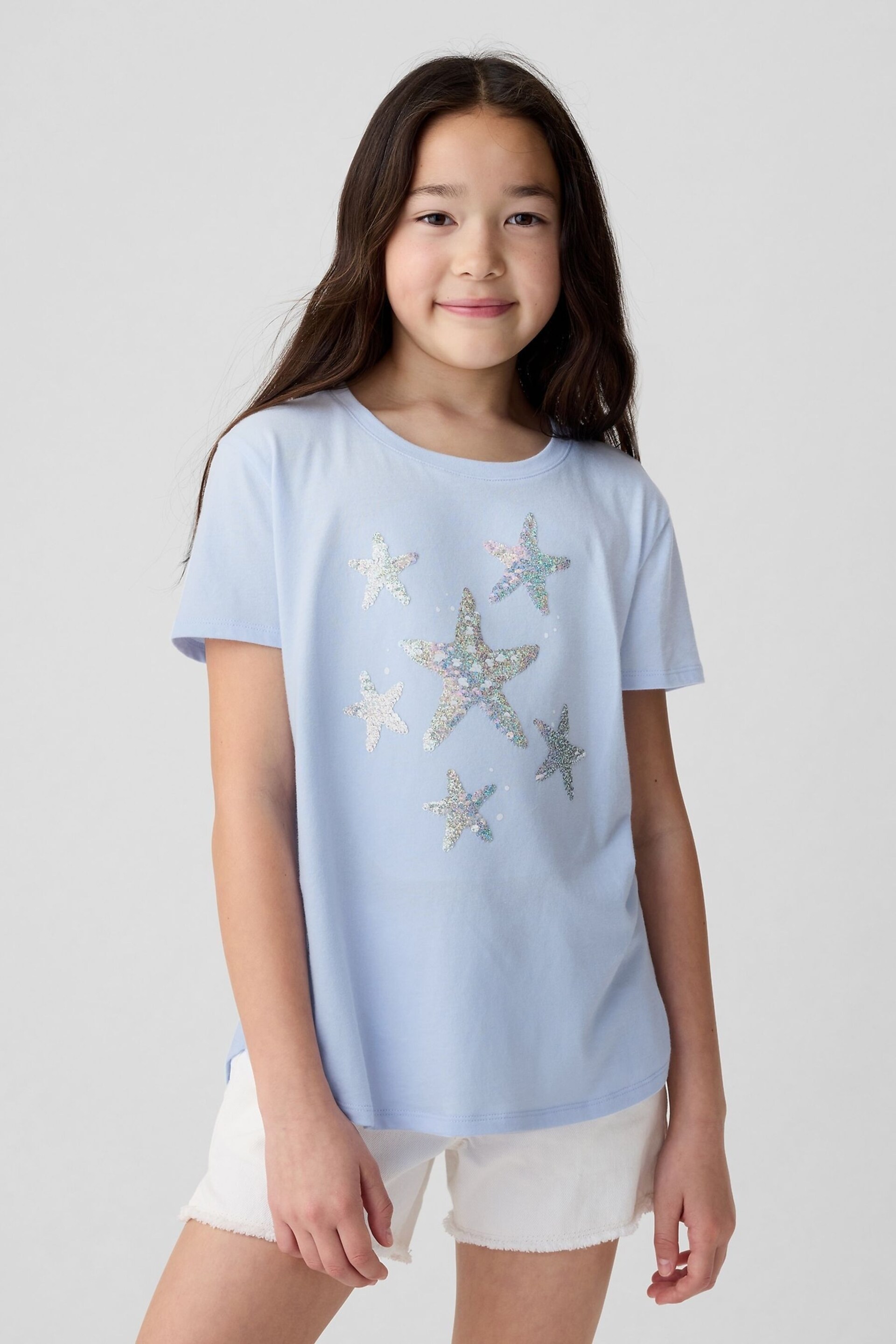 Gap Blue Starfish Cotton Flippy Sequin Graphic Short Sleeve T-Shirt (4-13yrs) - Image 1 of 3