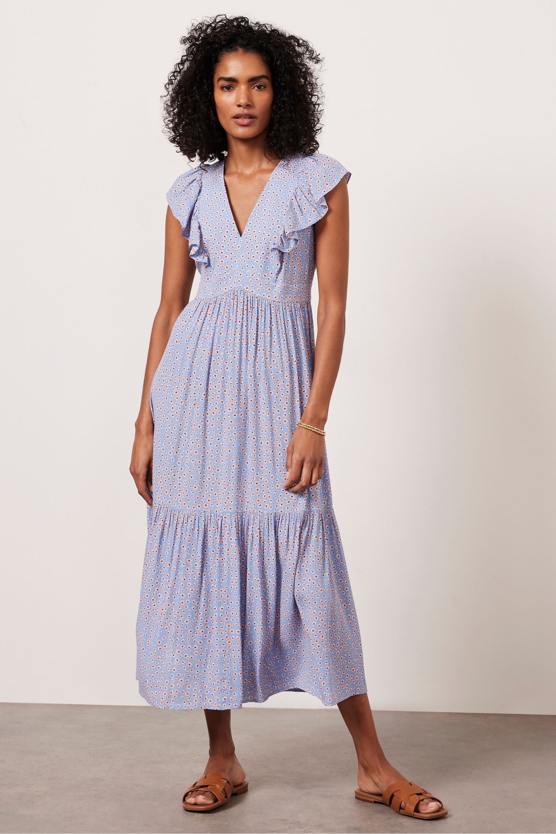 Buy Mint Velvet Blue Floral Print Ruffle Midi Dress from Next Luxembourg