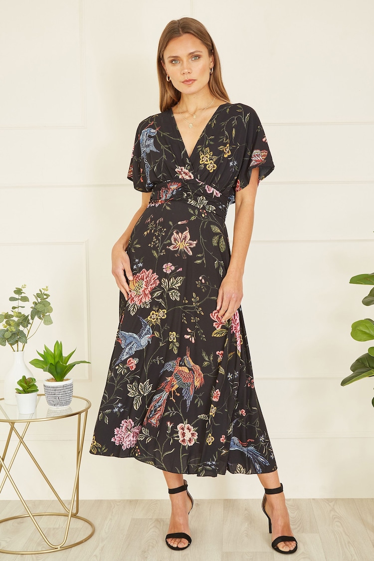 Yumi Black Viscose Bird and Floral Print Kimono Midi Dress - Image 1 of 5