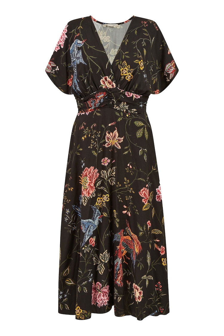 Yumi Black Viscose Bird and Floral Print Kimono Midi Dress - Image 5 of 5