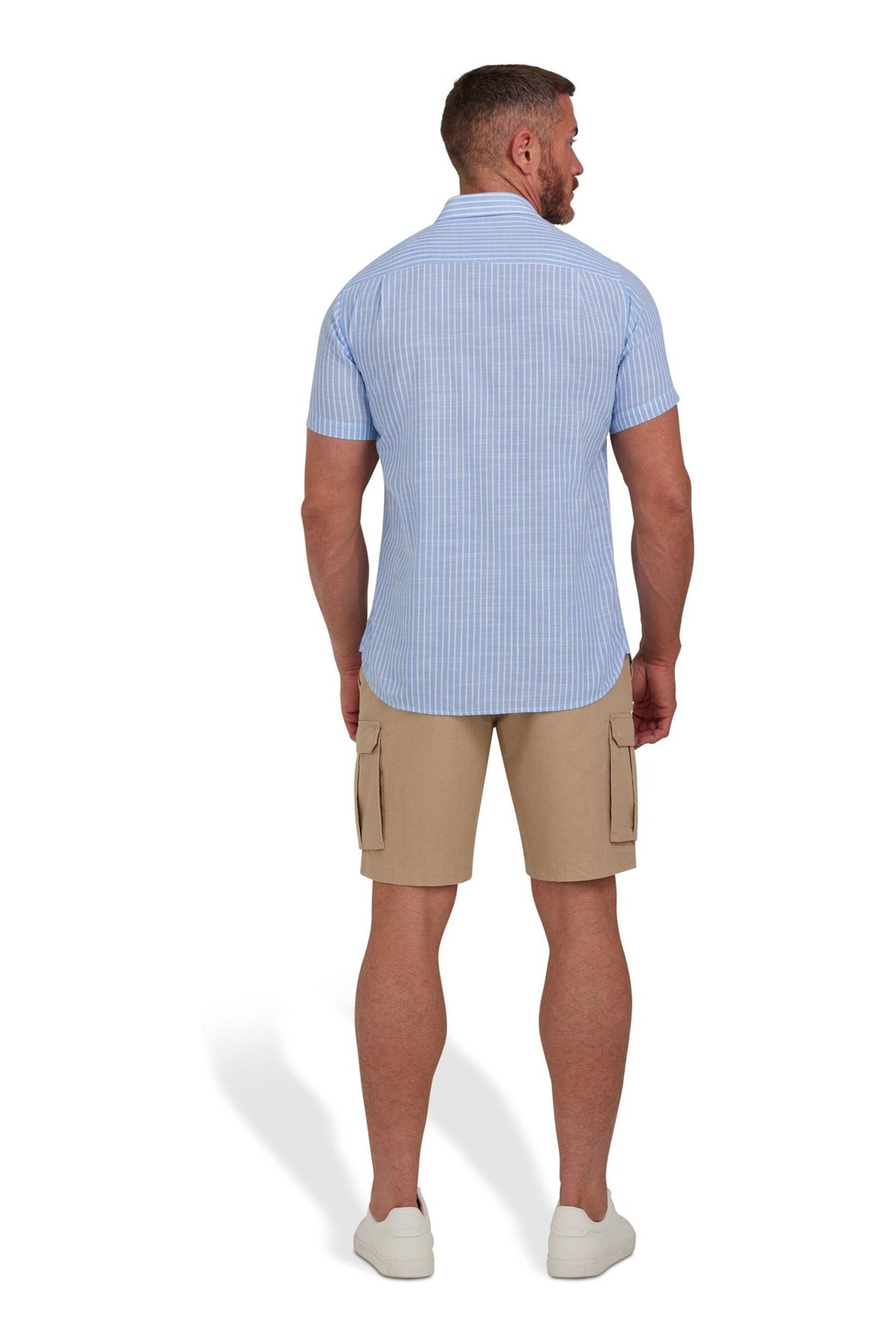 Raging Bull Blue Short Sleeve Fine Stripe Linen Look Shirt - Image 2 of 7