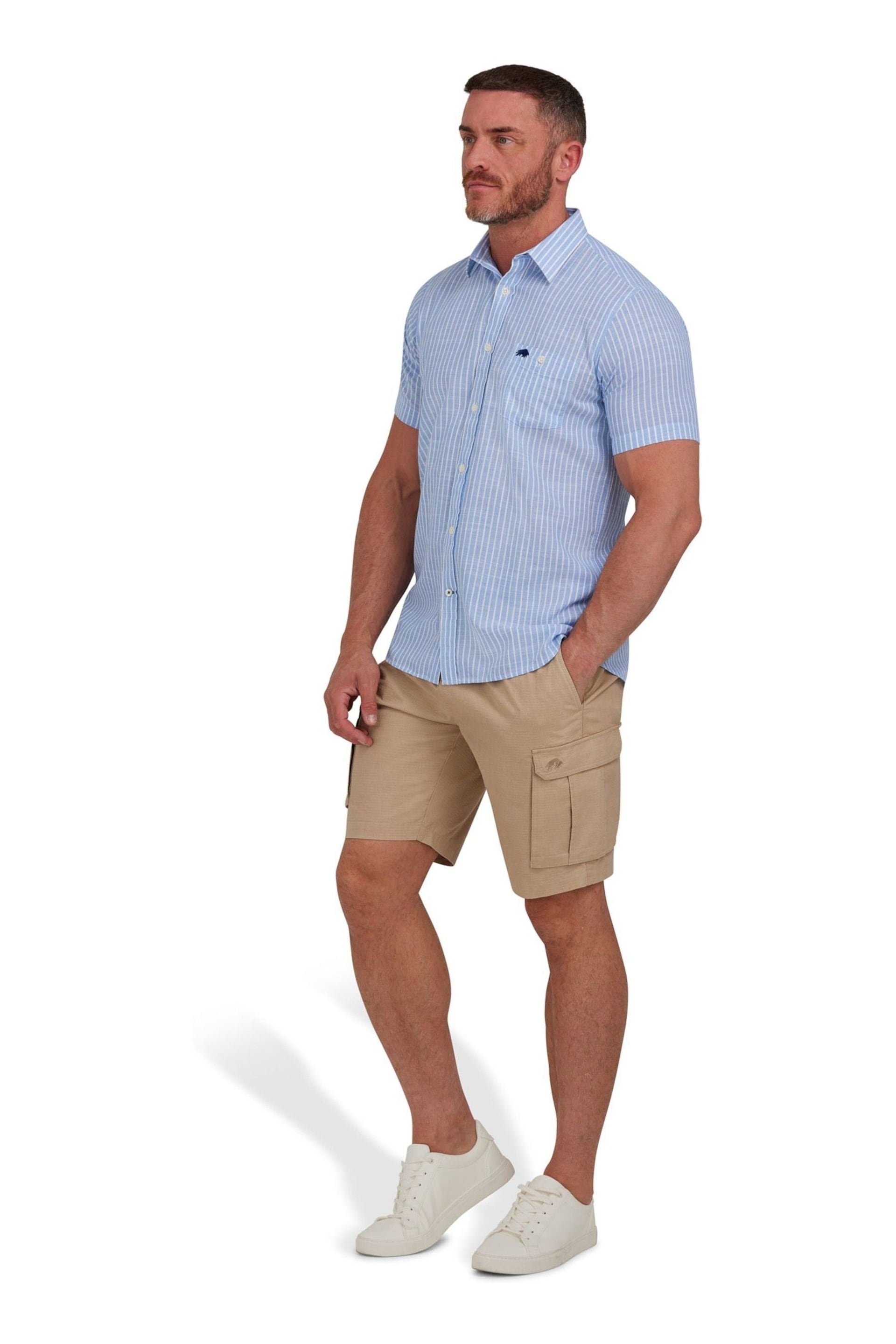 Raging Bull Blue Short Sleeve Fine Stripe Linen Look Shirt - Image 3 of 7