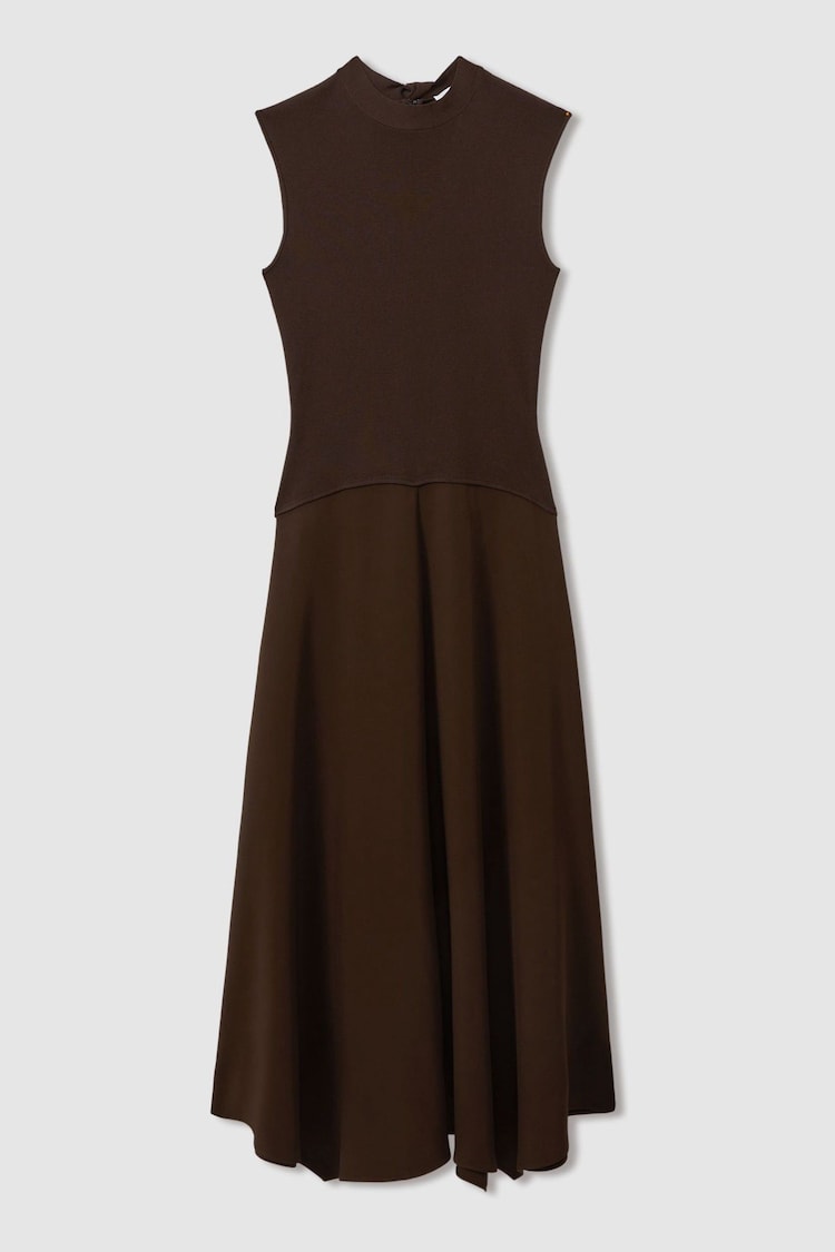 Reiss Chocolate Lani Hybrid Knit Tie Back Midi Dress - Image 2 of 5