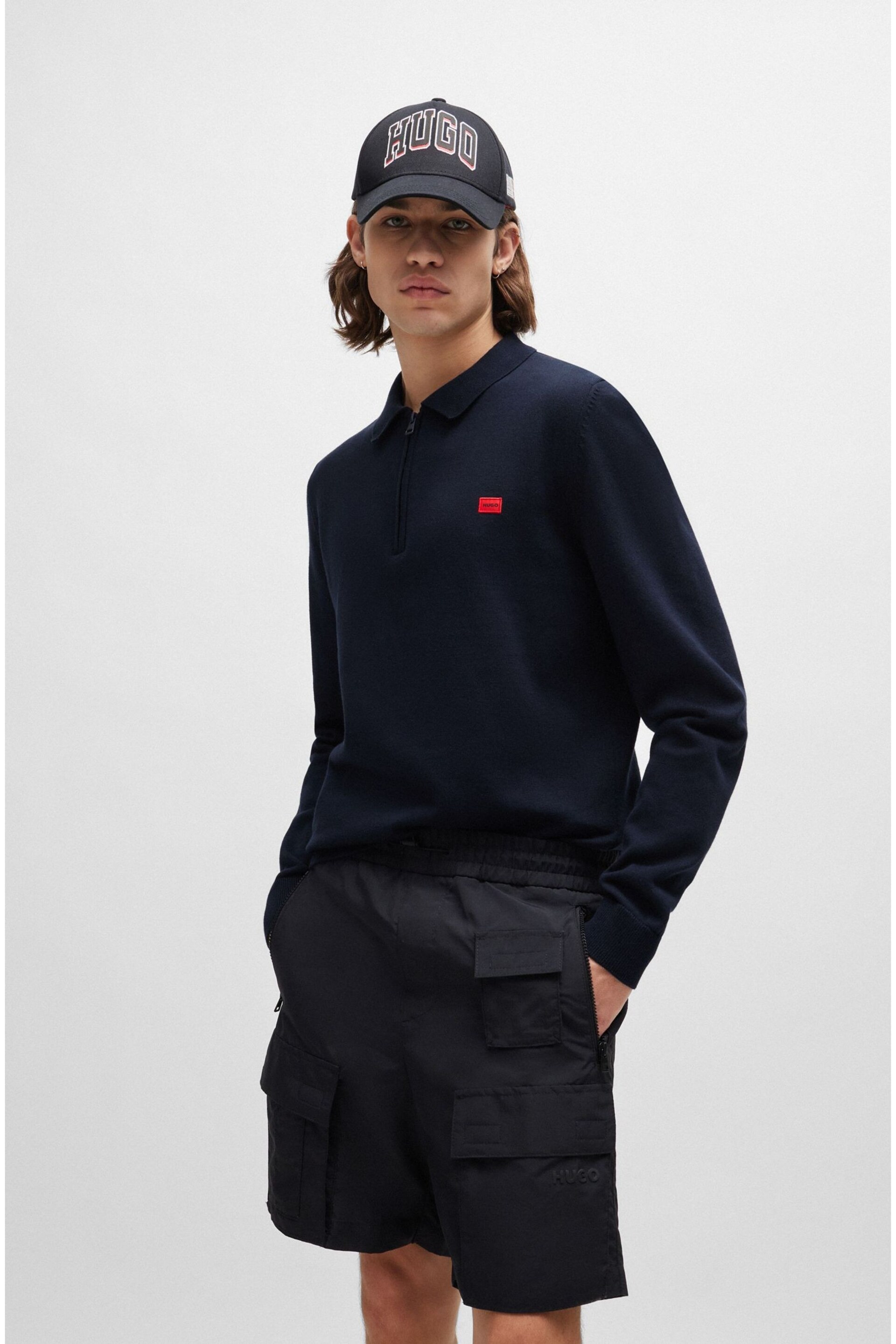 HUGO Blue Zip-Neck Cotton Sweater With Red Logo Label - Image 3 of 5