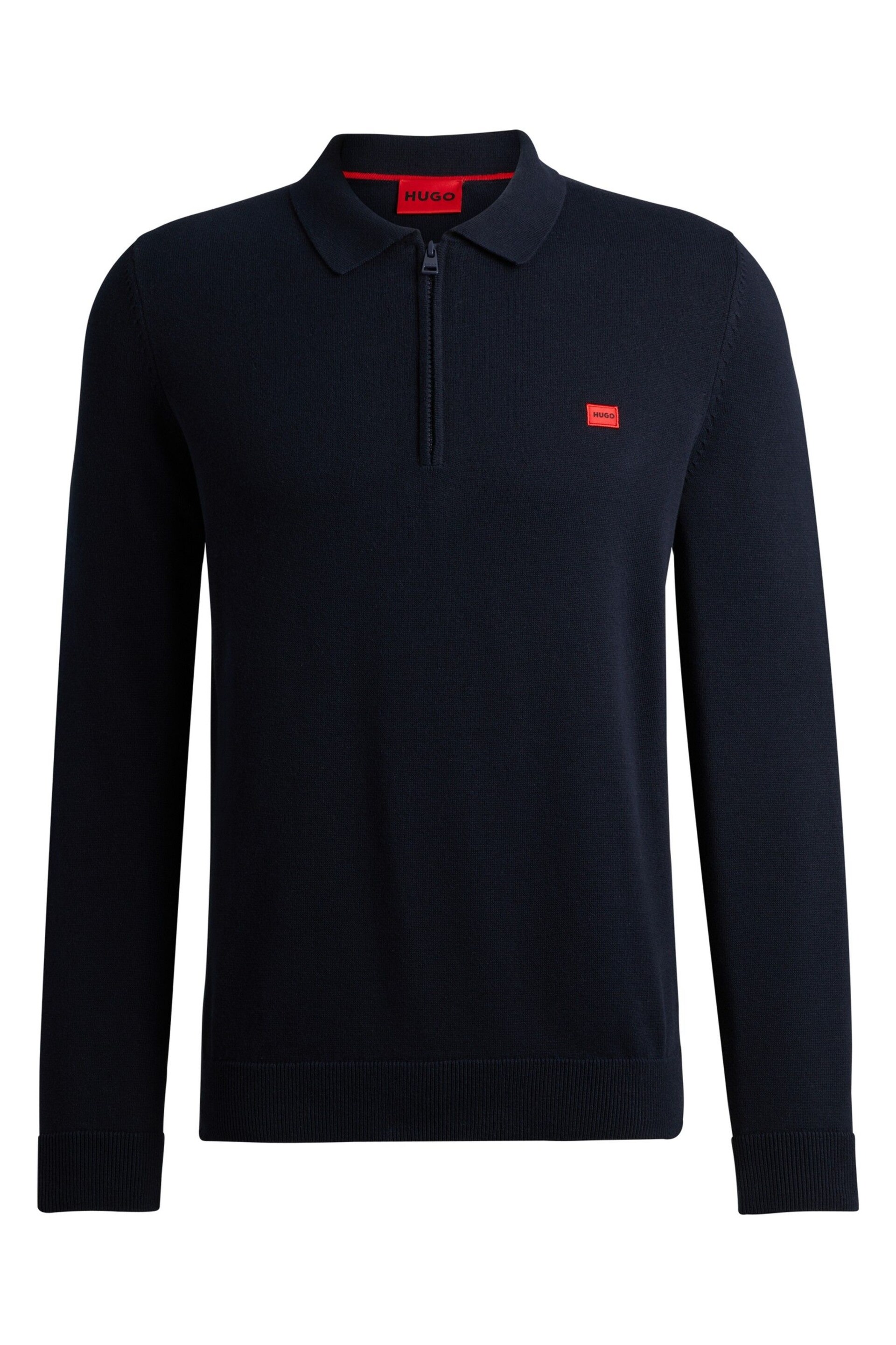 HUGO Blue Zip-Neck Cotton Sweater With Red Logo Label - Image 5 of 5