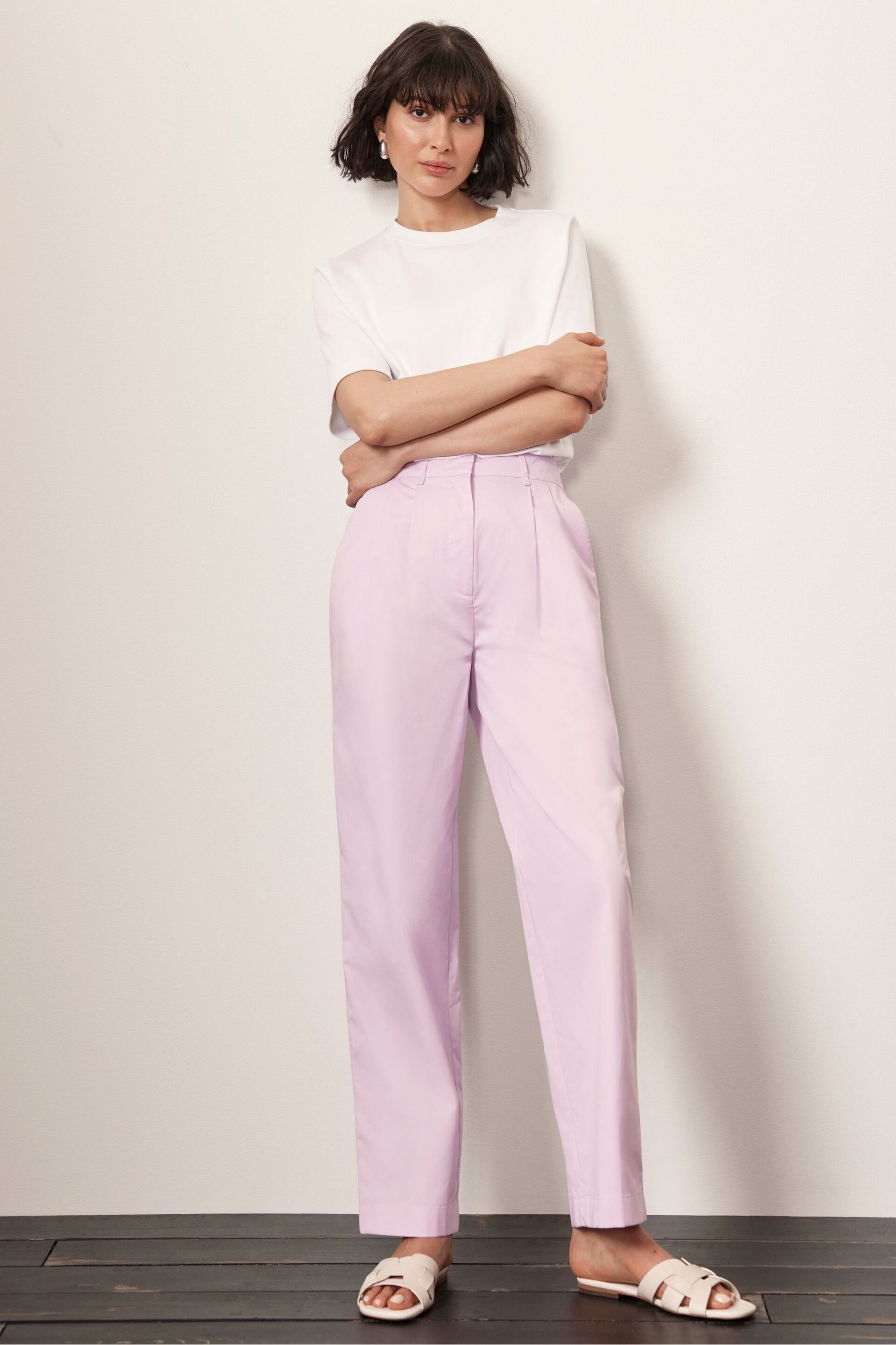 Mint Velvet Purple Lilac Cotton Tapered Pleated Trousers - Image 2 of 8