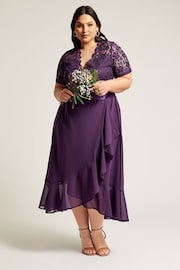 YOURS LONDON Curve Purple Lace Wrap Ruffle Midi Dress - Image 1 of 2