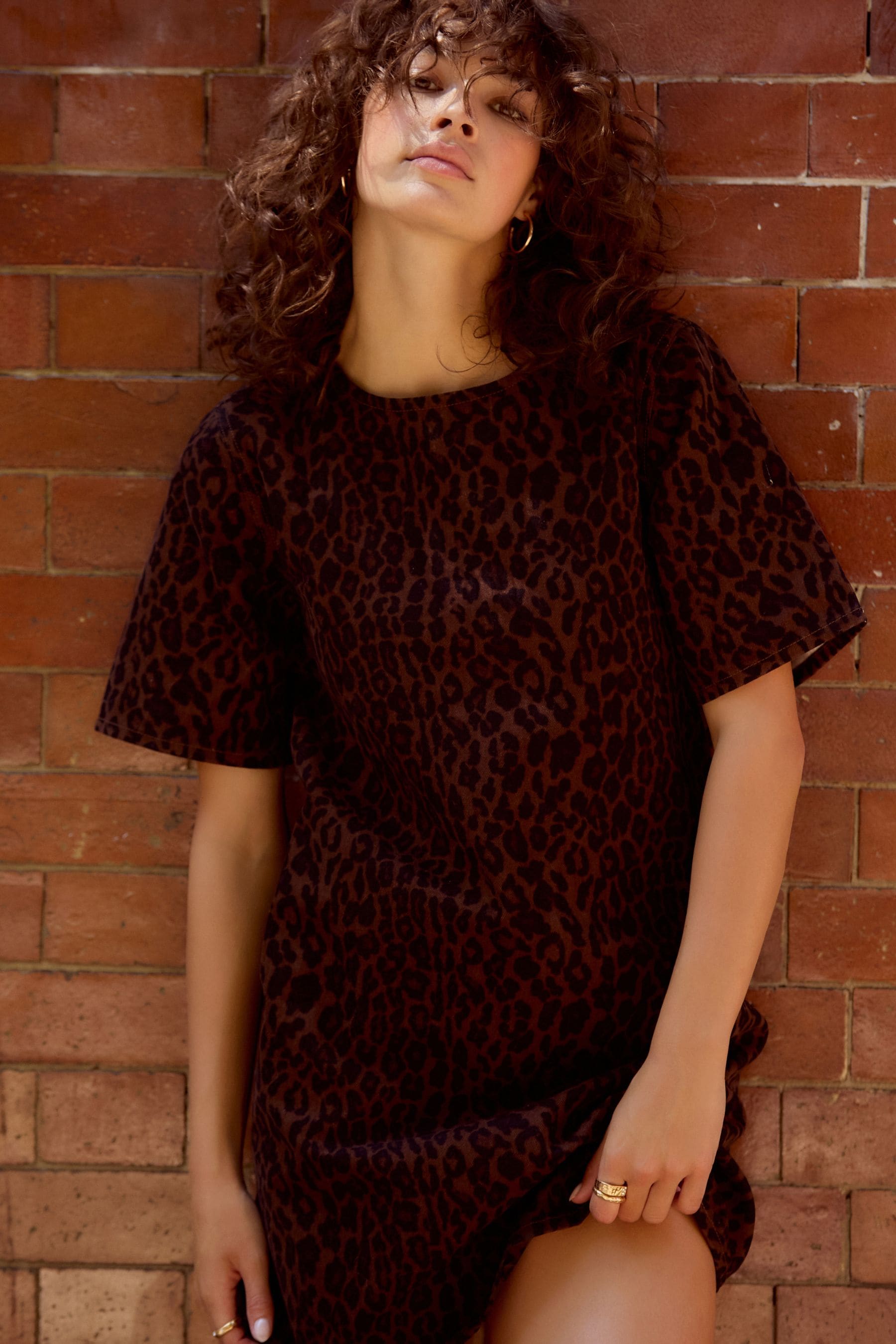 Leopard Print 100 Cotton Short Sleeve Denim T Shirt Dress