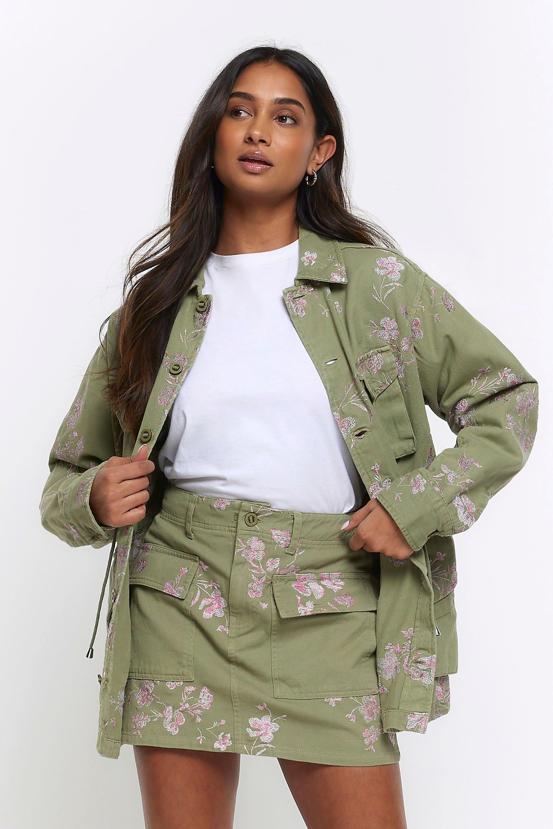 Buy River Island Khaki Embroidered Cargo Mini Skirt from Next Luxembourg