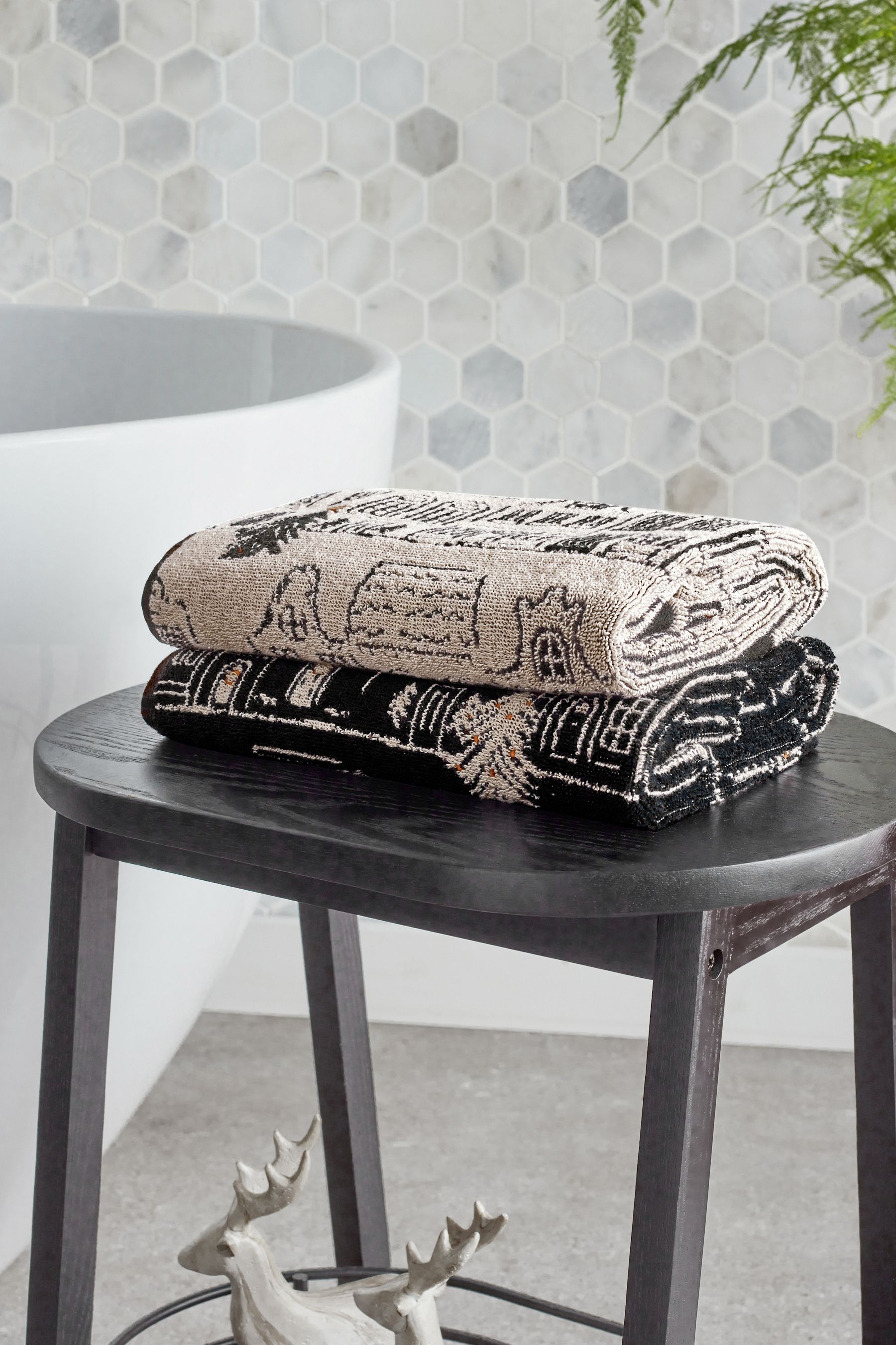 Set of 2 Black White Mono Christmas Village 100 Cotton Towel Bale