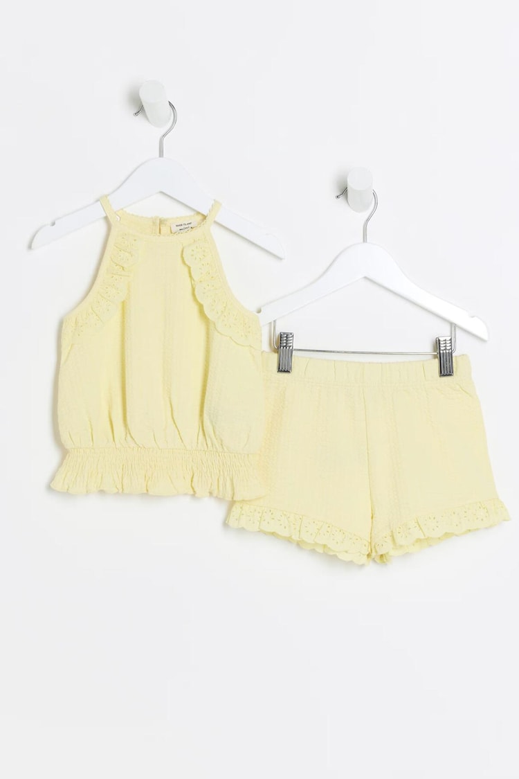 River Island Yellow Girls Broderie Top and Shorts Set - Image 1 of 3