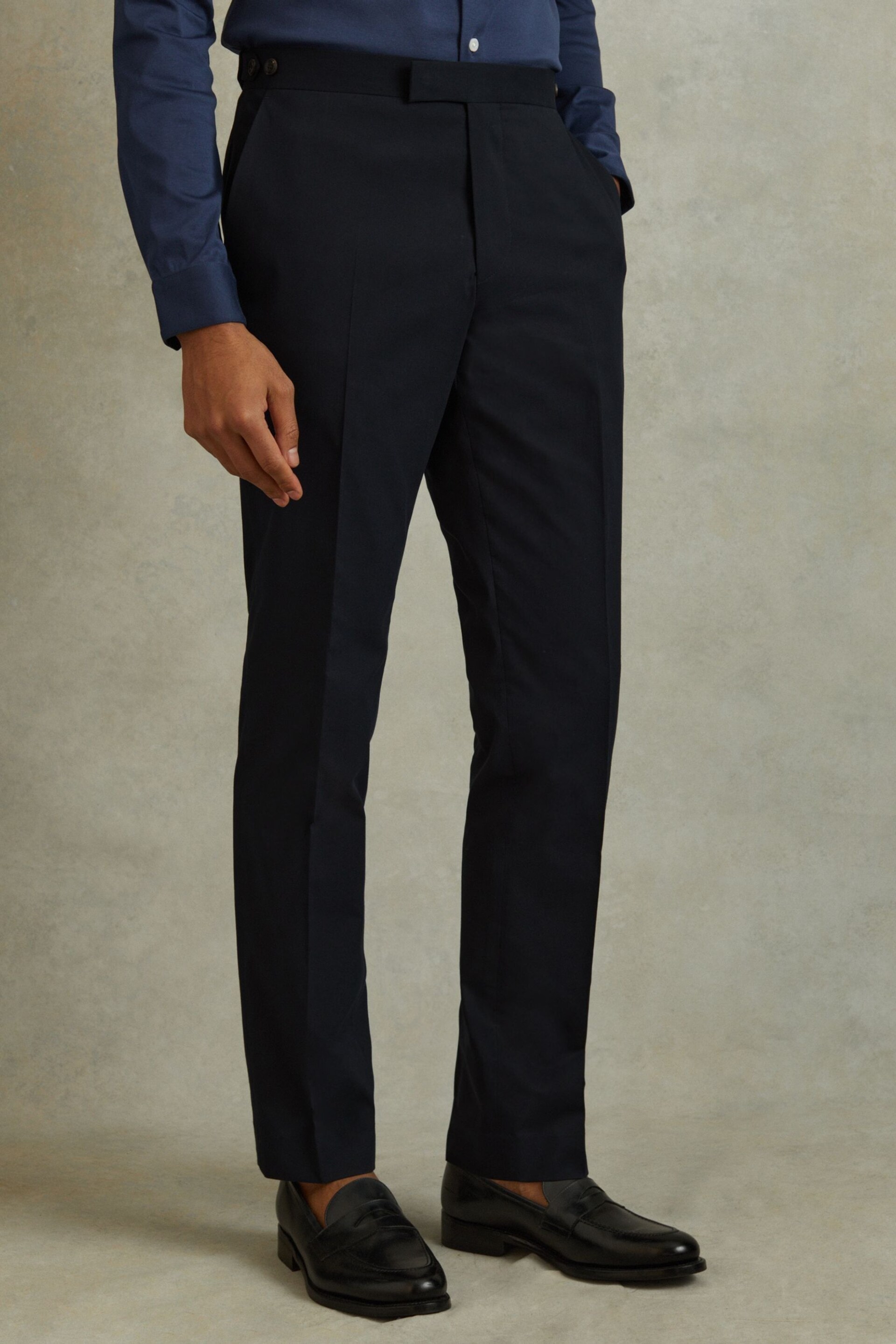 Reiss Navy Seare Cotton Blend Side Adjuster Trousers - Image 3 of 5