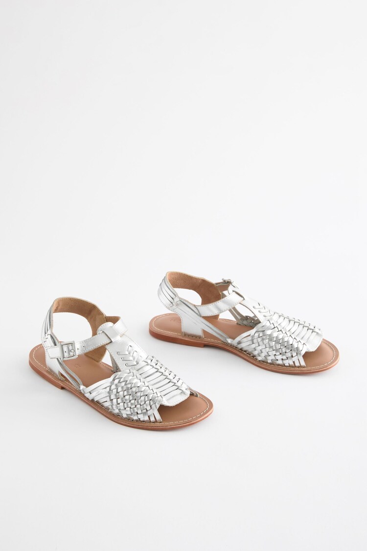Silver Leather Weave Huaraches Sandals - Image 1 of 6