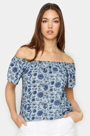 Long Tall Sally Blue Floral Print Button Detail Bardot Top - Image 1 of 5