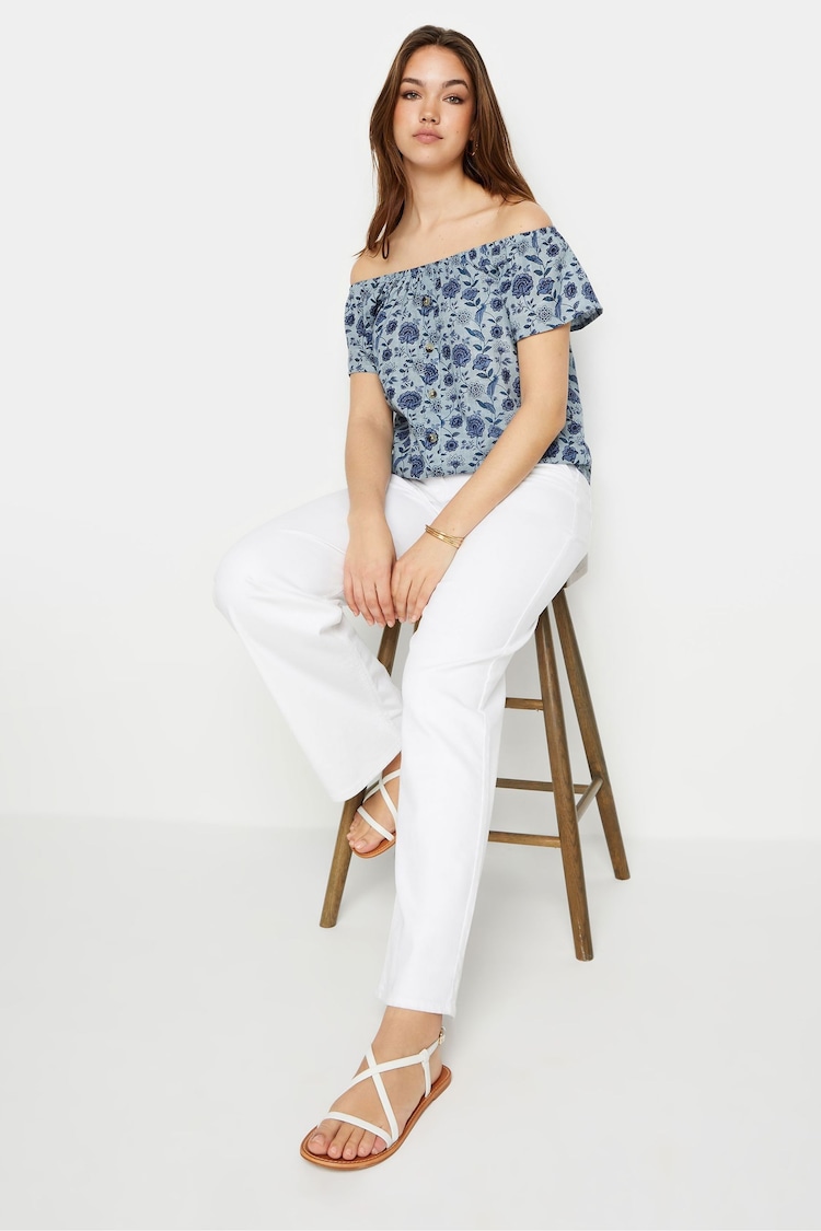 Long Tall Sally Blue Floral Print Button Detail Bardot 100% Cotton Top - Image 2 of 5