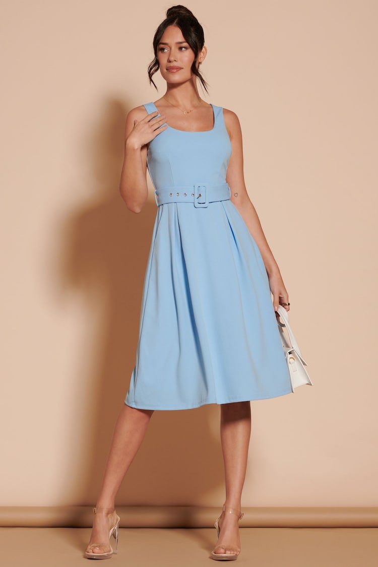 Jolie Moi Blue 1950's Inspired Belted Swing Dress - Image 6 of 6