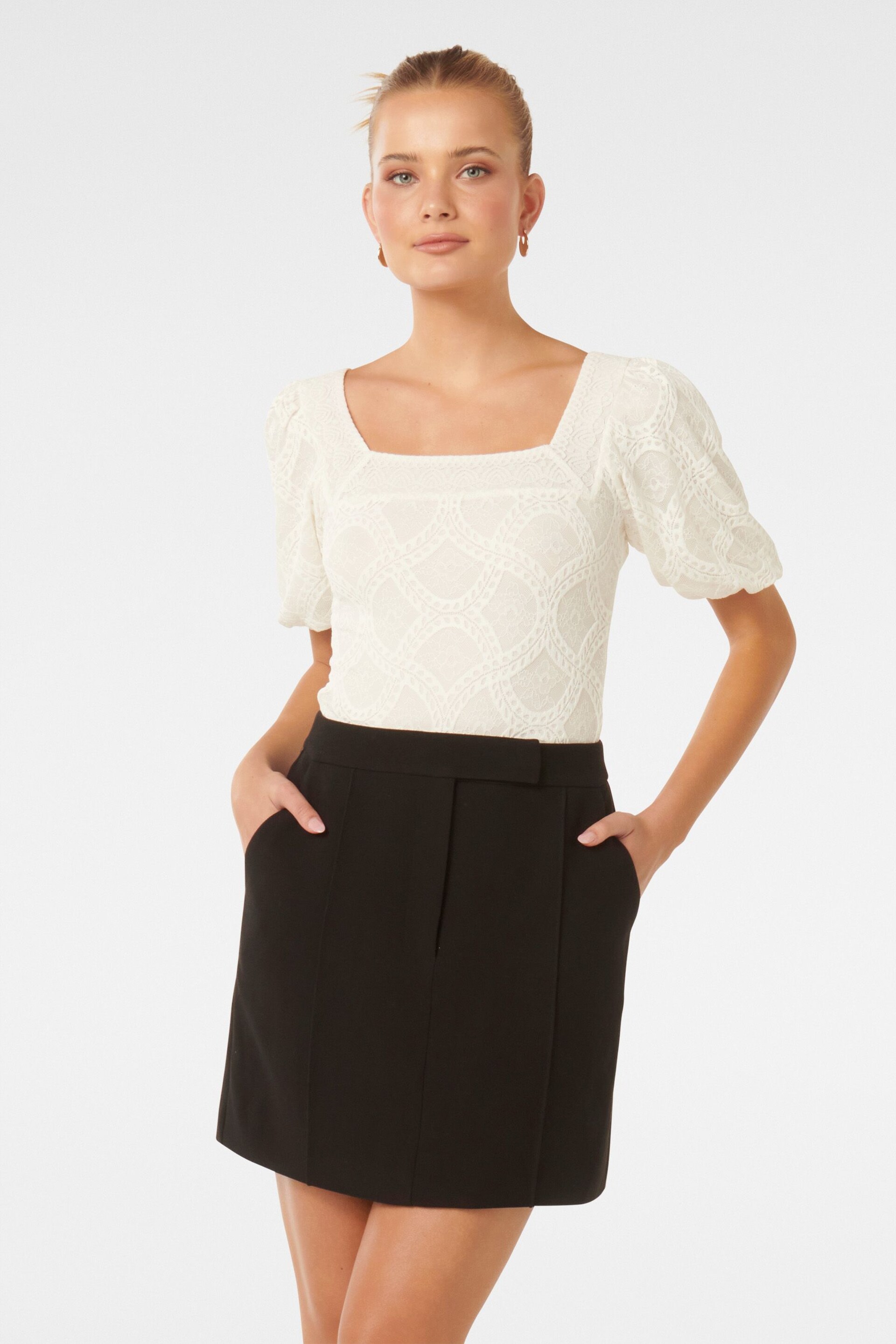 Forever New White Rosemary Lace Square Neck Blouses - Image 1 of 5