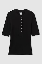 Reiss Black Emily Wool Blend Button Detail T-Shirt - Image 2 of 6