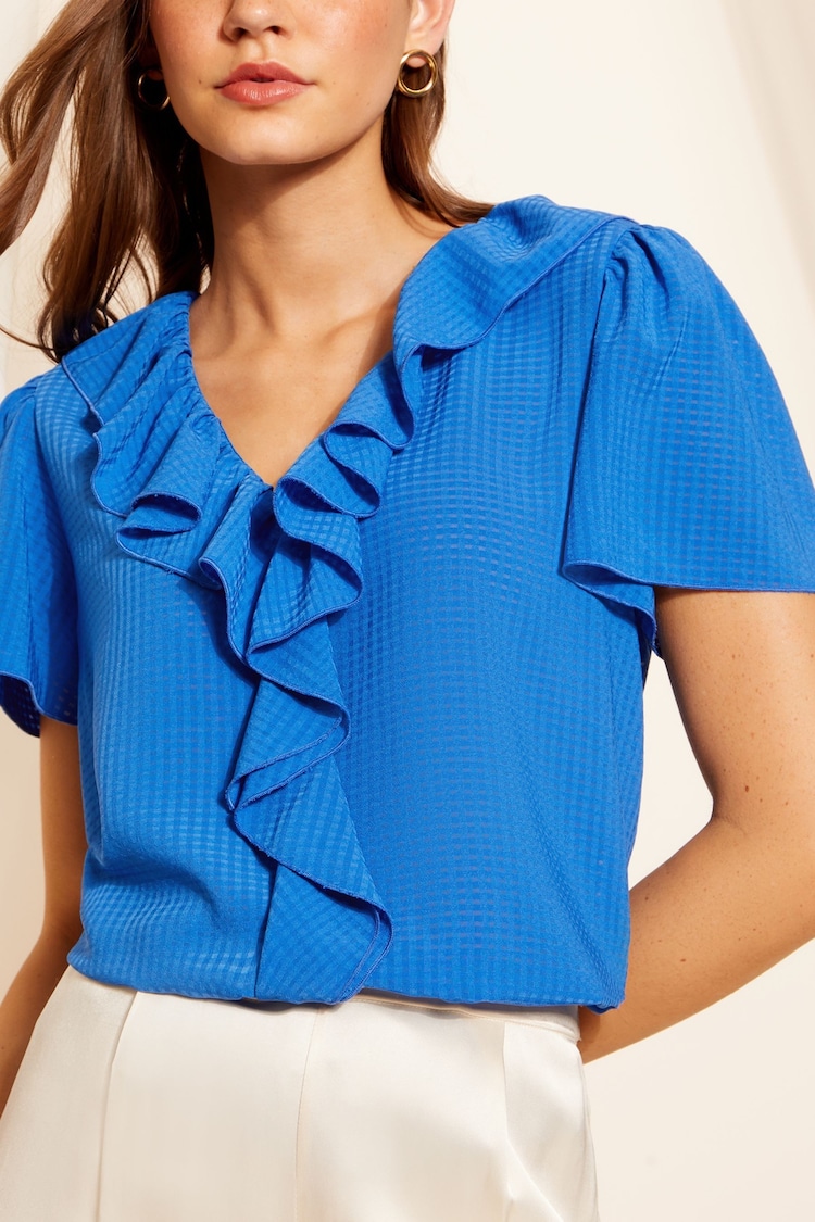Friends Like These Blue Ruffle Front Puff Sleeve Blouse - Image 1 of 4