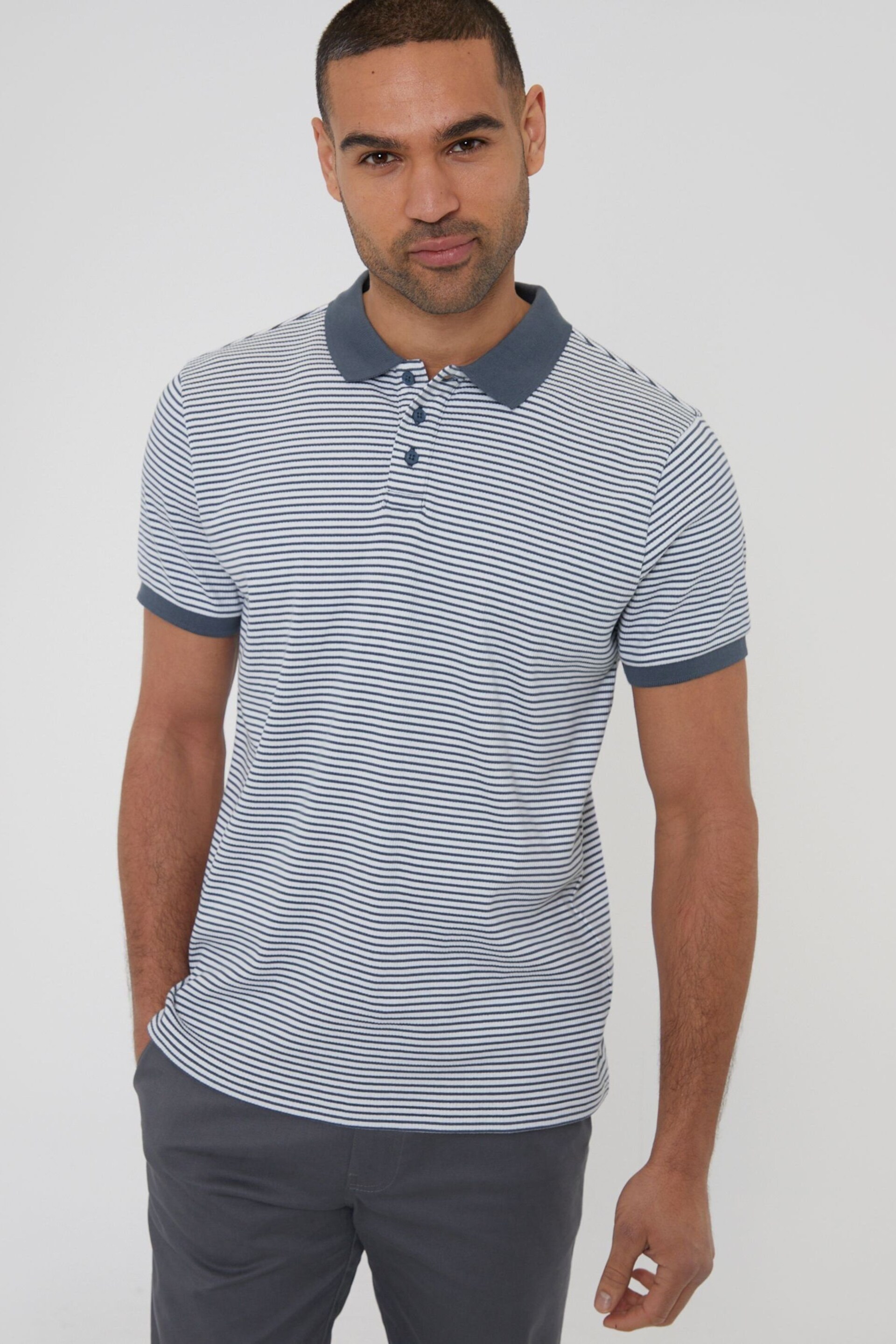 Threadbare White Cotton Polo Shirt With Herringbone Detail Collar - Image 1 of 4