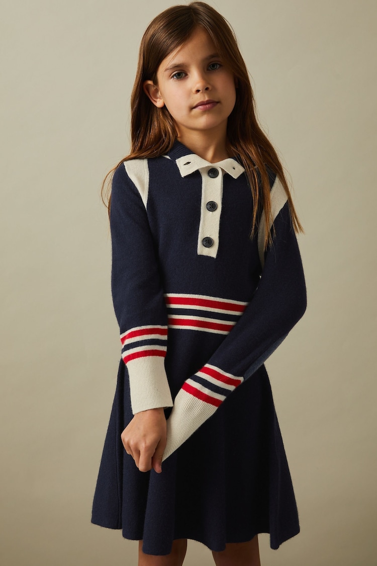 Reiss Navy Vienne 9-13 yrs Knitted Button-Through Funnel Neck Skater Dress - Image 1 of 4