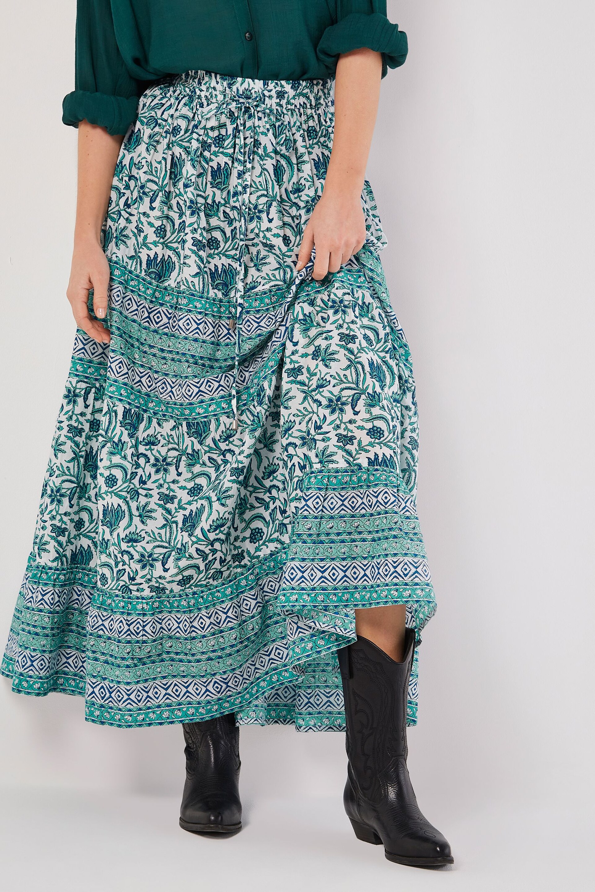 Apricot Cream Floral Vine Cotton Tiered Maxi Skirt - Image 2 of 5