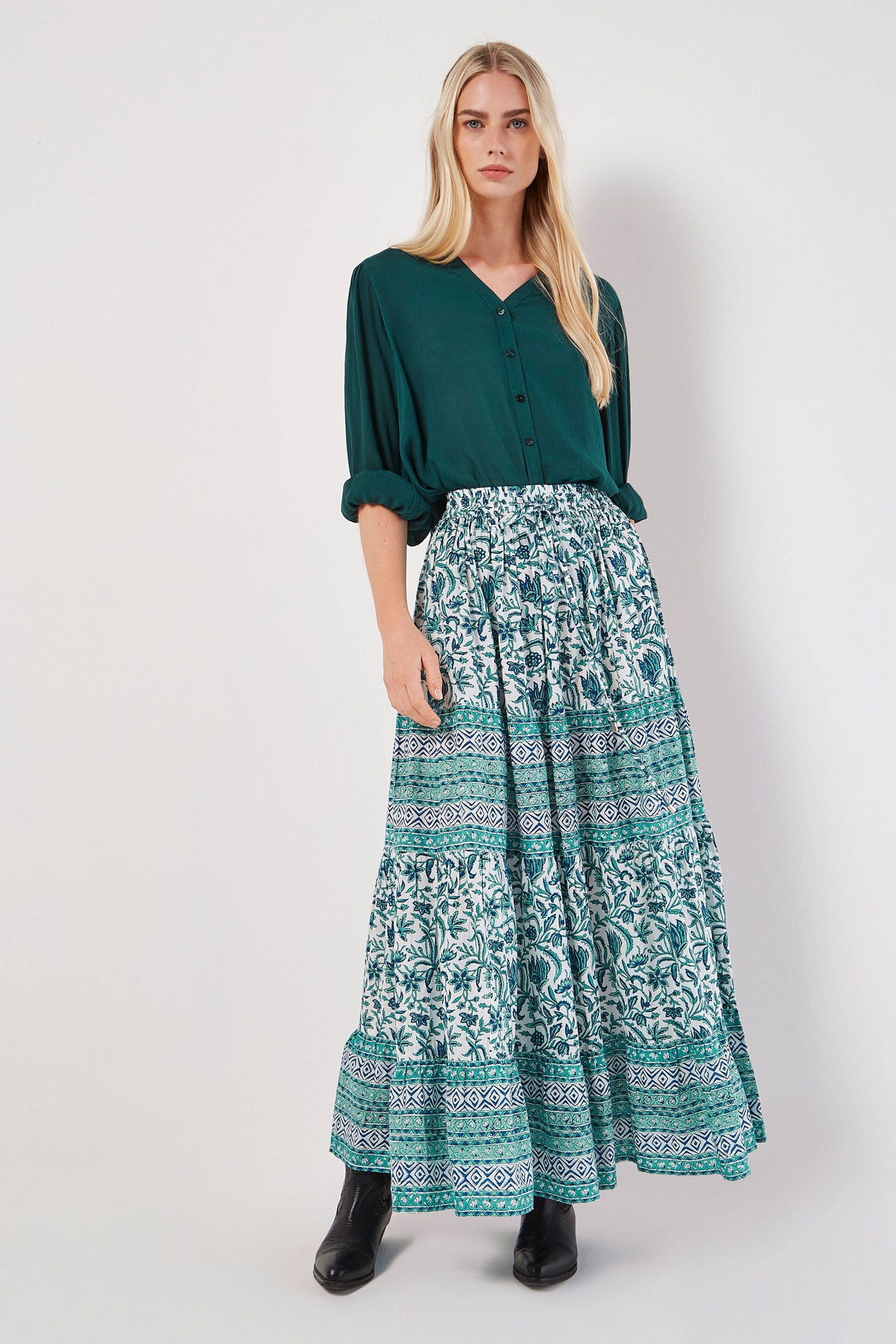 Apricot Cream Floral Vine Cotton Tiered Maxi Skirt - Image 5 of 5