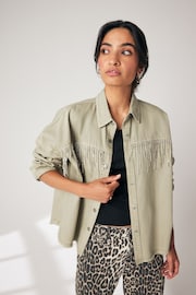 Beige Fringe Embellished Denim 100% Cotton Shirt - Image 1 of 8