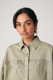 Beige Fringe Embellished Denim 100% Cotton Shirt - Image 4 of 8