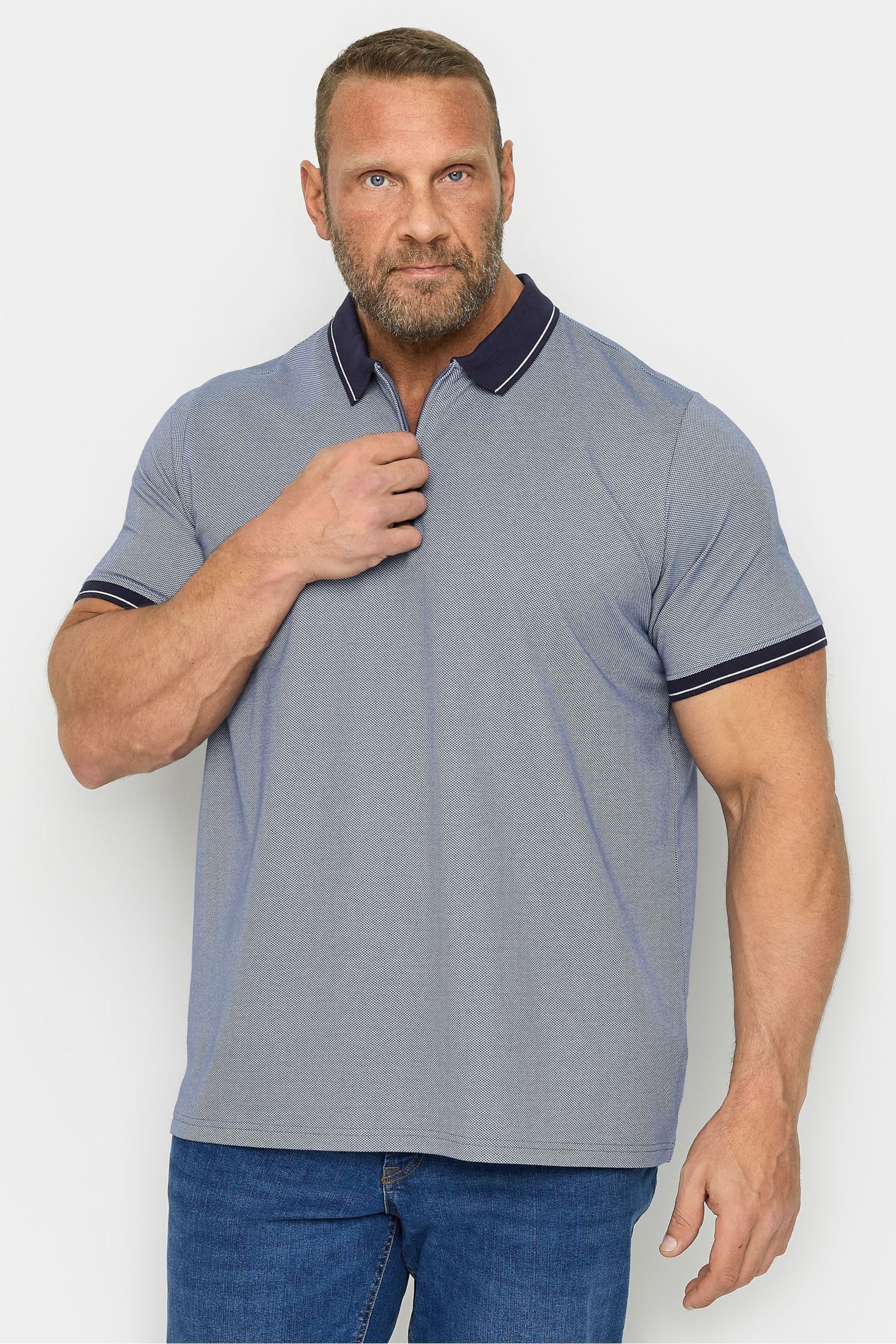 BadRhino Big & Tall Blue Textured Zip Neck Polo Shirt - Image 1 of 3