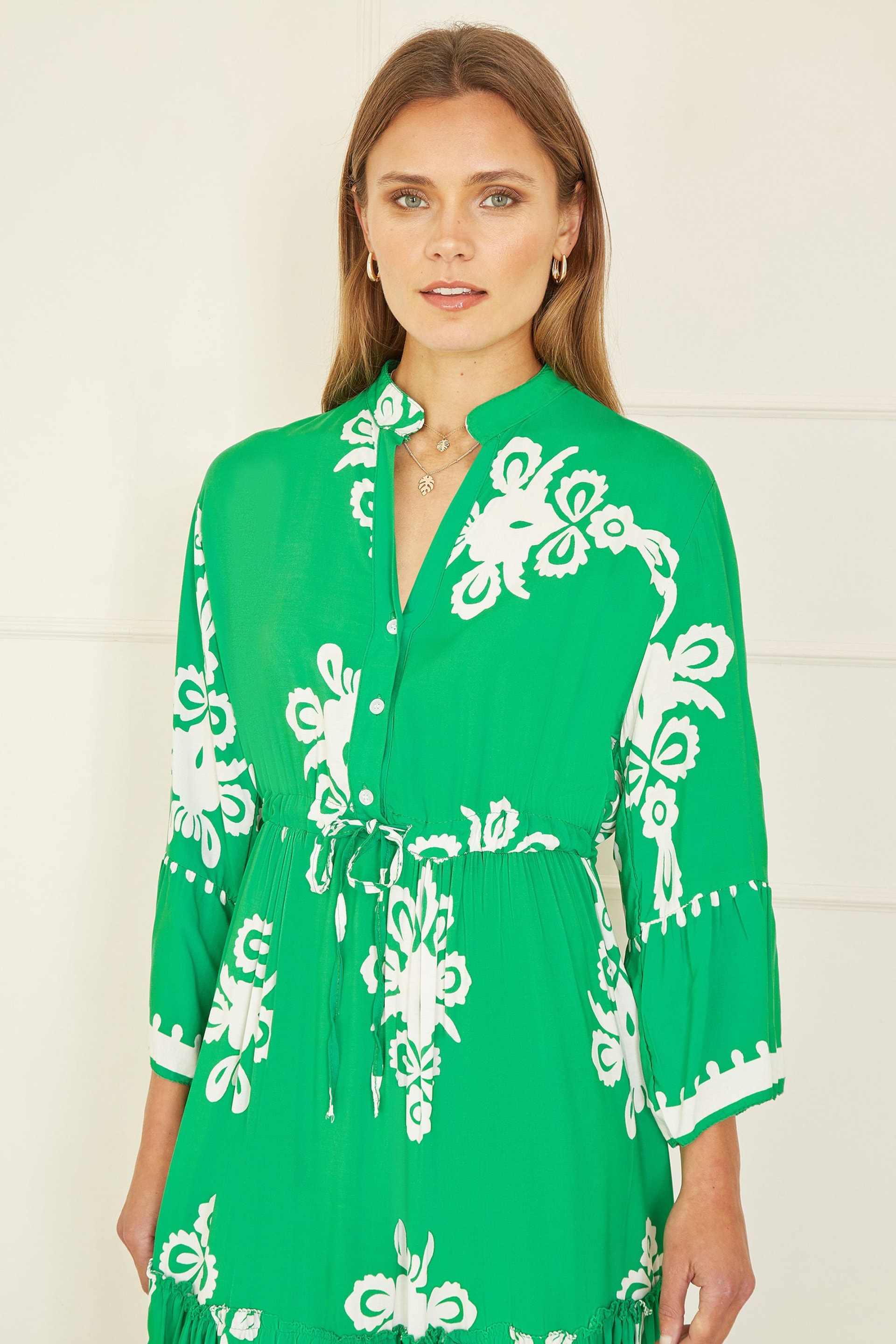 Yumi Green Viscose Midi Dress With Long Sleeves - Image 2 of 5