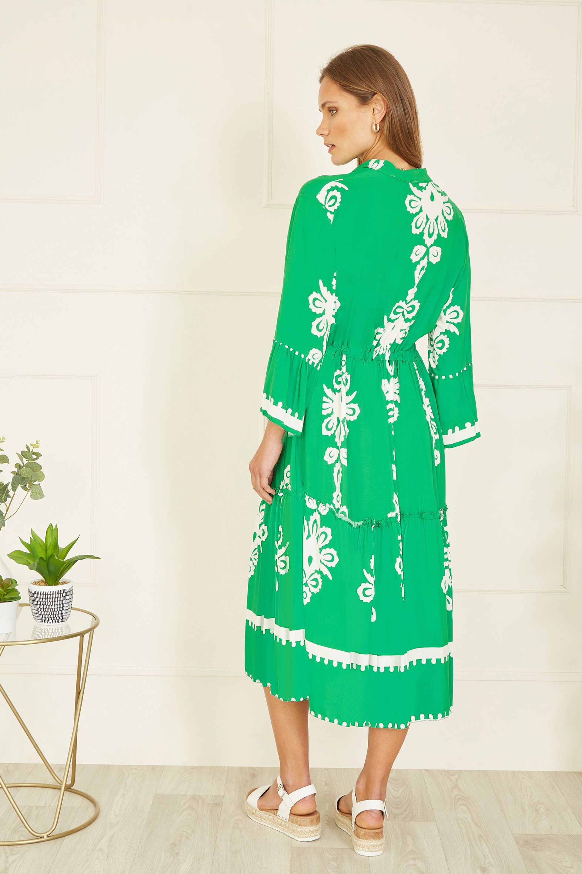 Yumi Green Viscose Midi Dress With Long Sleeves - Image 4 of 5