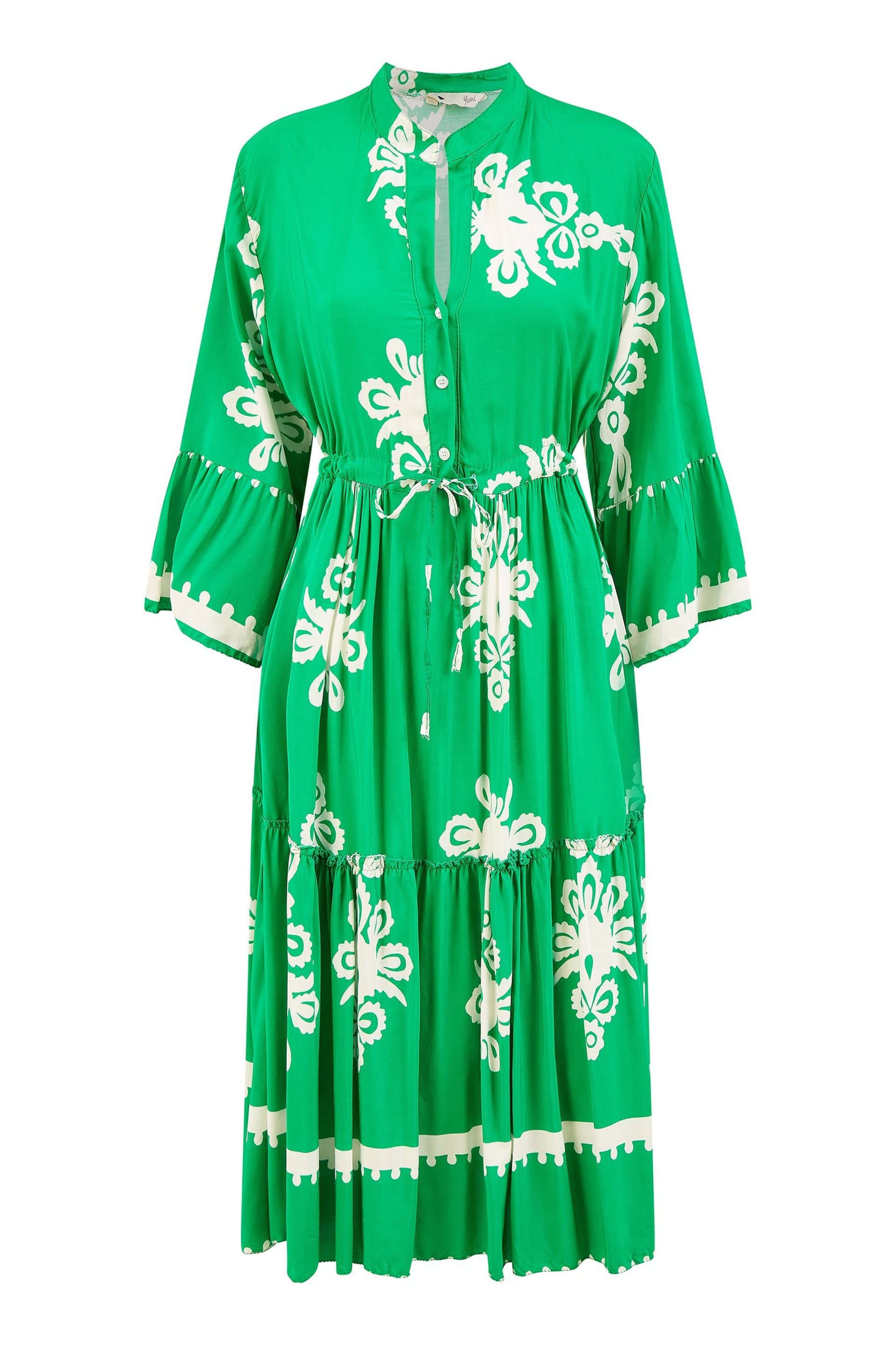Yumi Green Viscose Midi Dress With Long Sleeves - Image 5 of 5