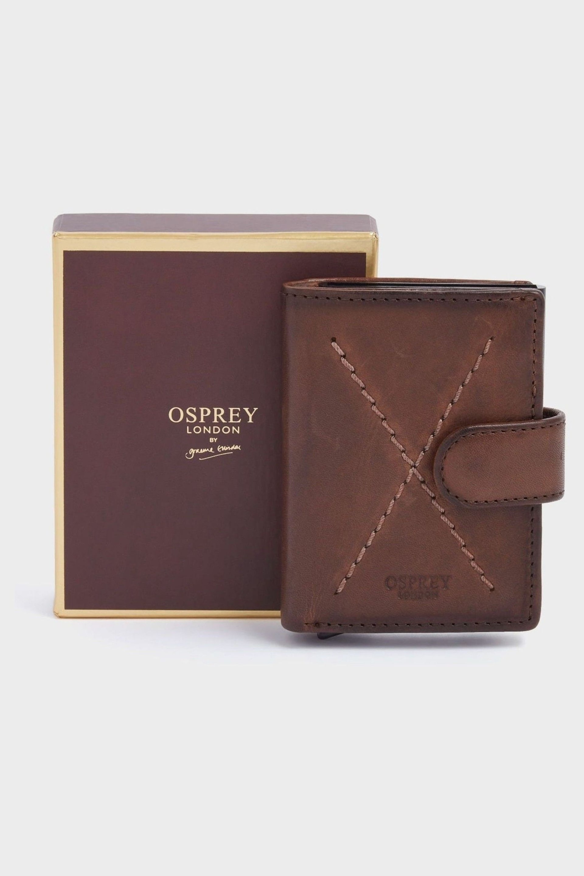 OSPREY LONDON The X Stitch Leather & Metal RFID ID Brown Card Case - Image 1 of 6